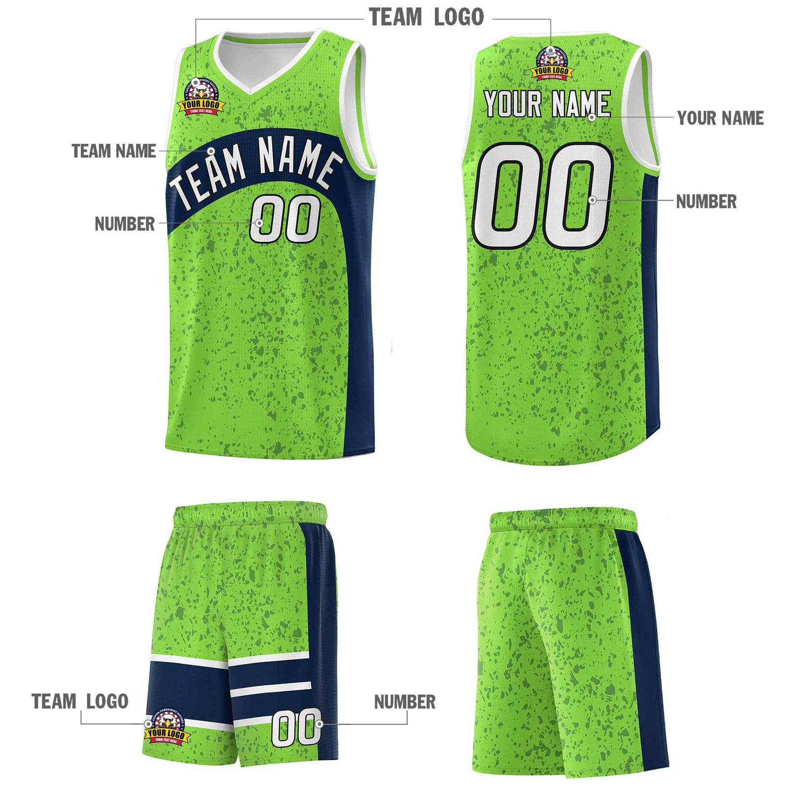 Custom Fluorescent Green Navy Dot Graffiti Pattern Irregular Team Names Sports Uniform Basketball Jersey