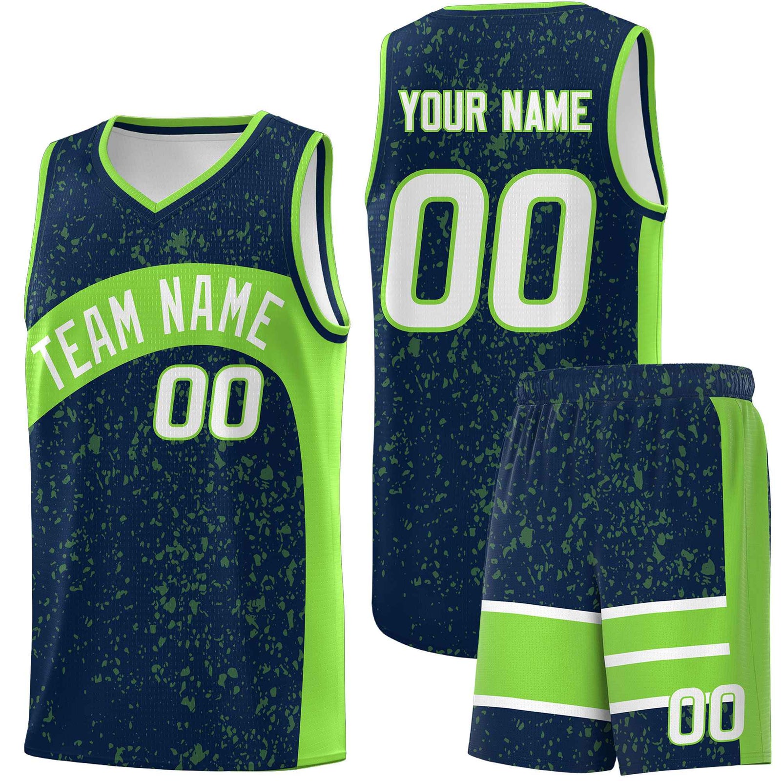 Custom Navy Fluorescent Green Dot Graffiti Pattern Irregular Team Names Sports Uniform Basketball Jersey| KXKSHOP