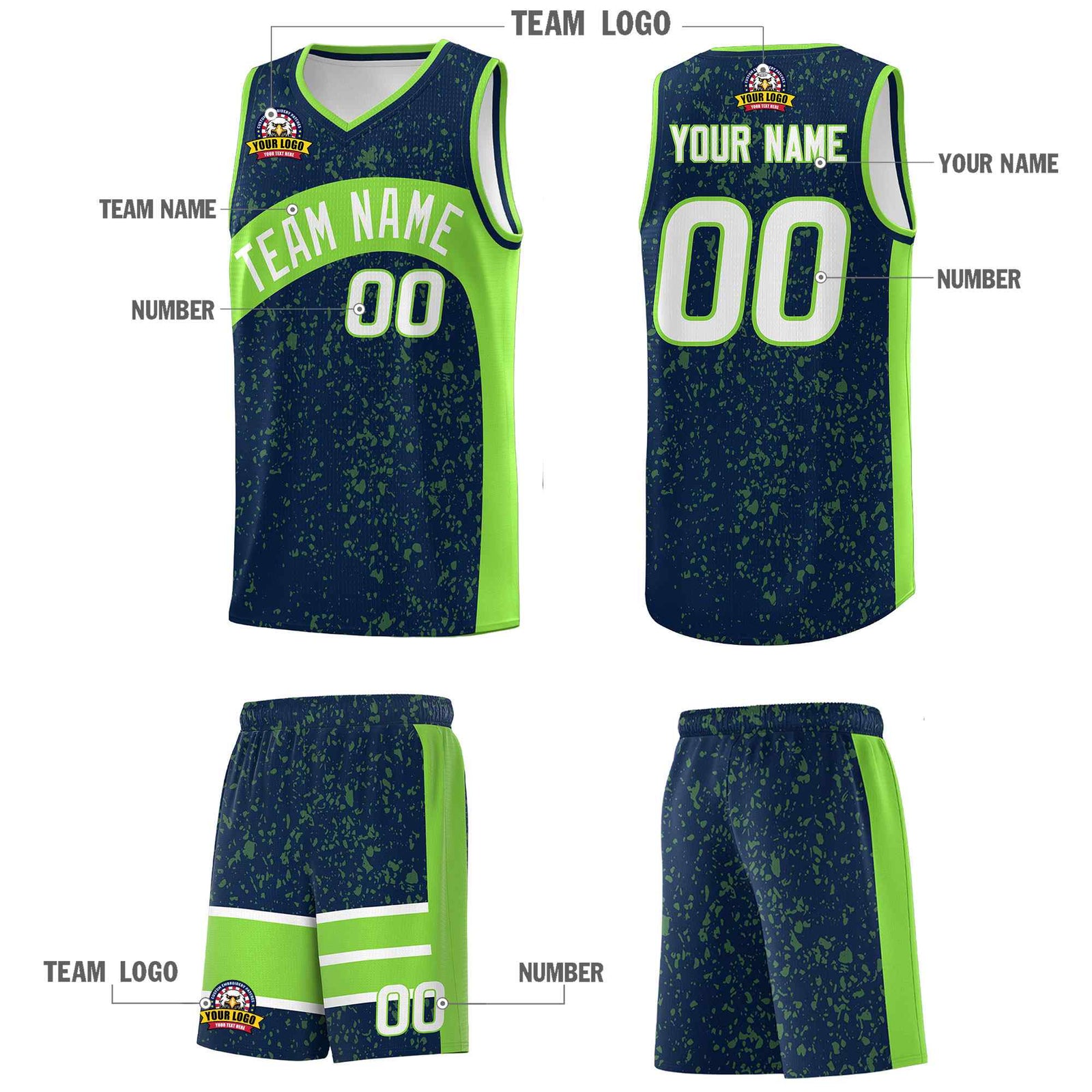 Custom Navy Fluorescent Green Dot Graffiti Pattern Irregular Team Names Sports Uniform Basketball Jersey