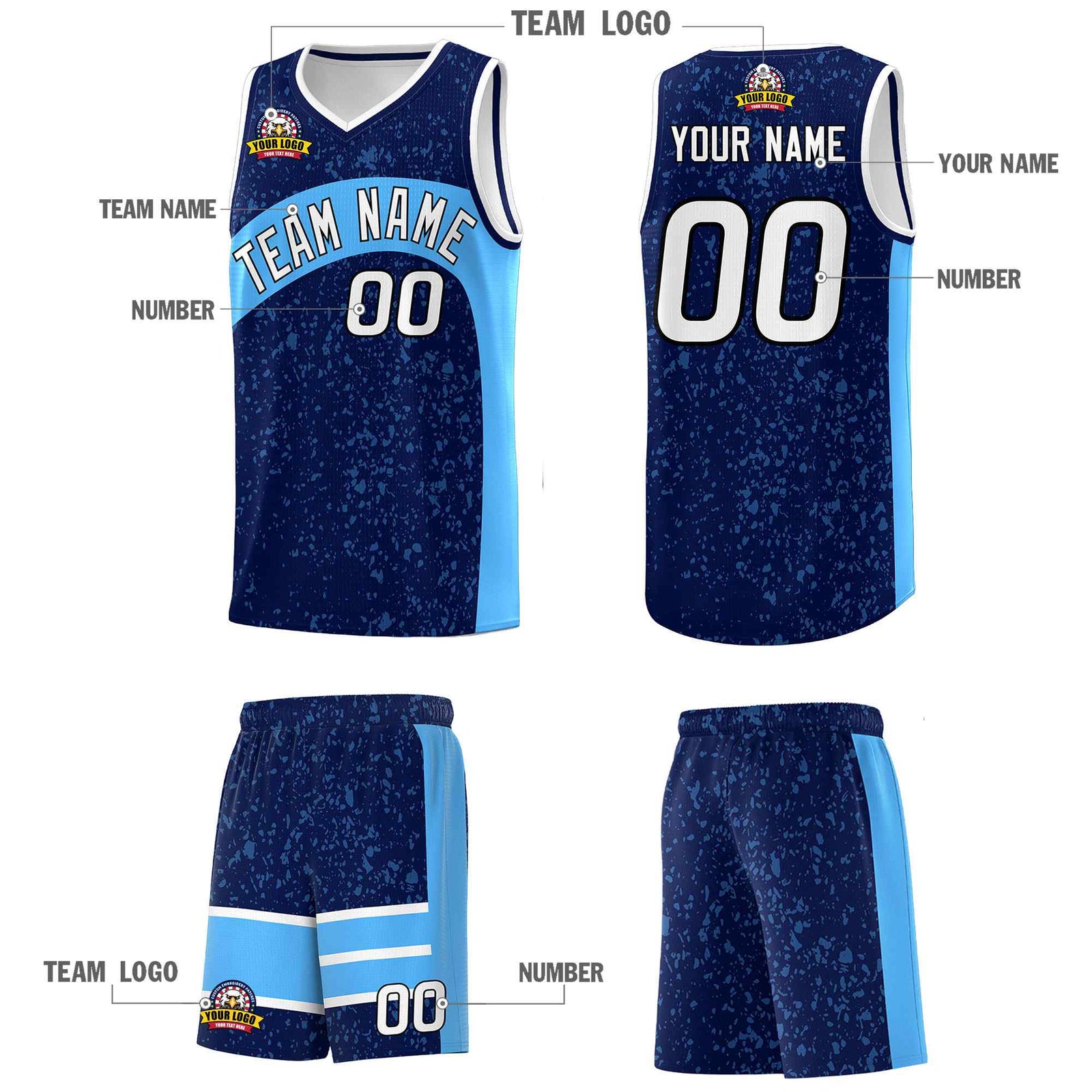 Custom Navy Powder Blue Dot Graffiti Pattern Irregular Team Names Sports Uniform Basketball Jersey
