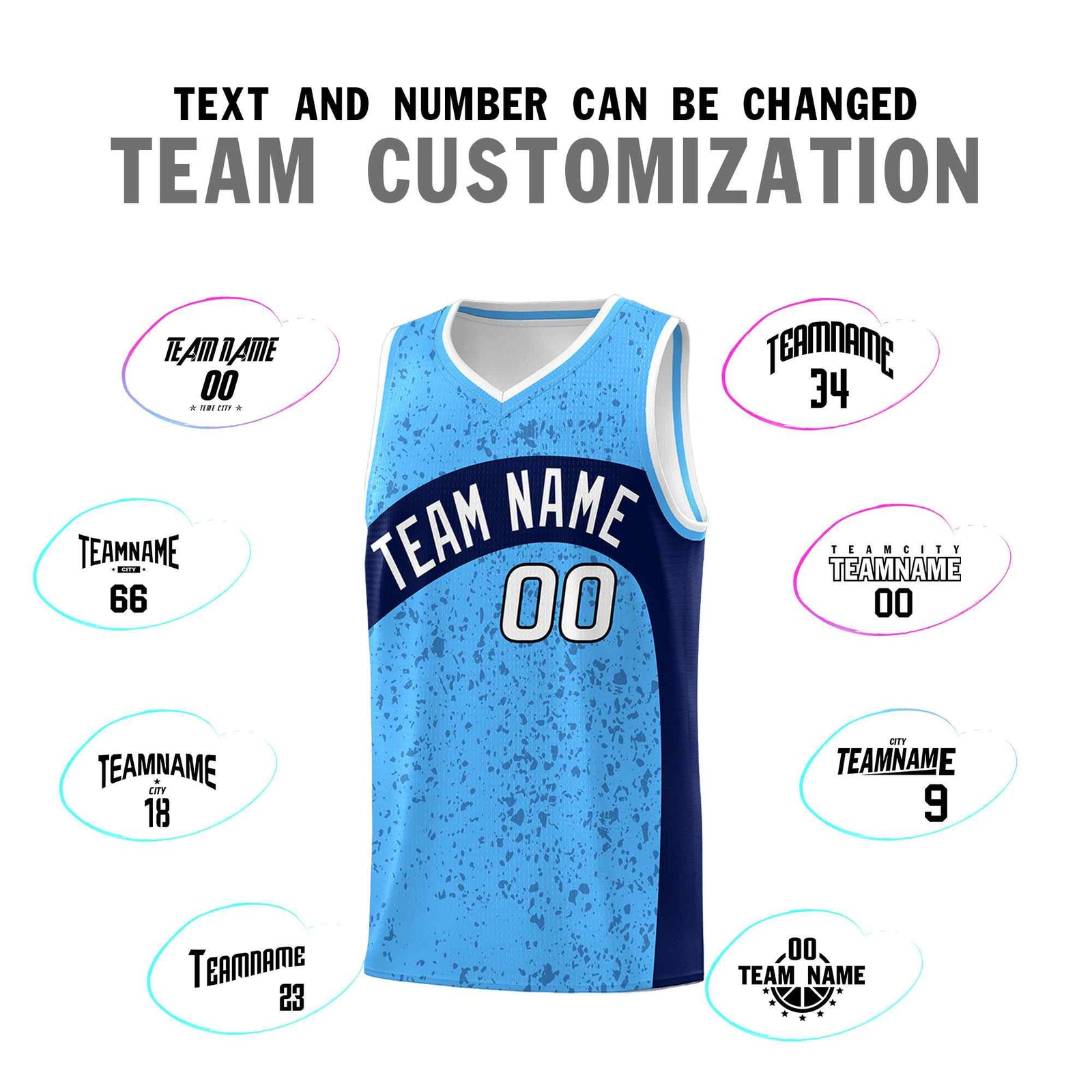 Custom Powder Blue Navy Dot Graffiti Pattern Irregular Team Names Sports Uniform Basketball Jersey
