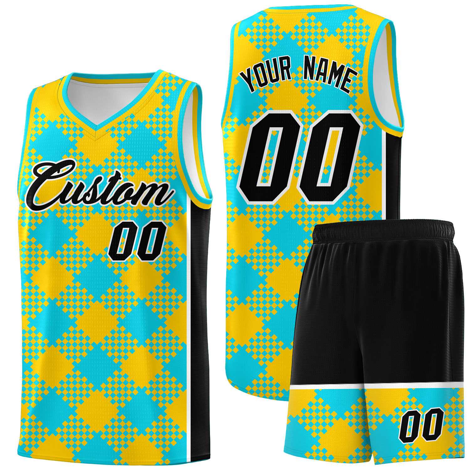 Personalized Sky Blue Gold-Black Grid Basketball Kits