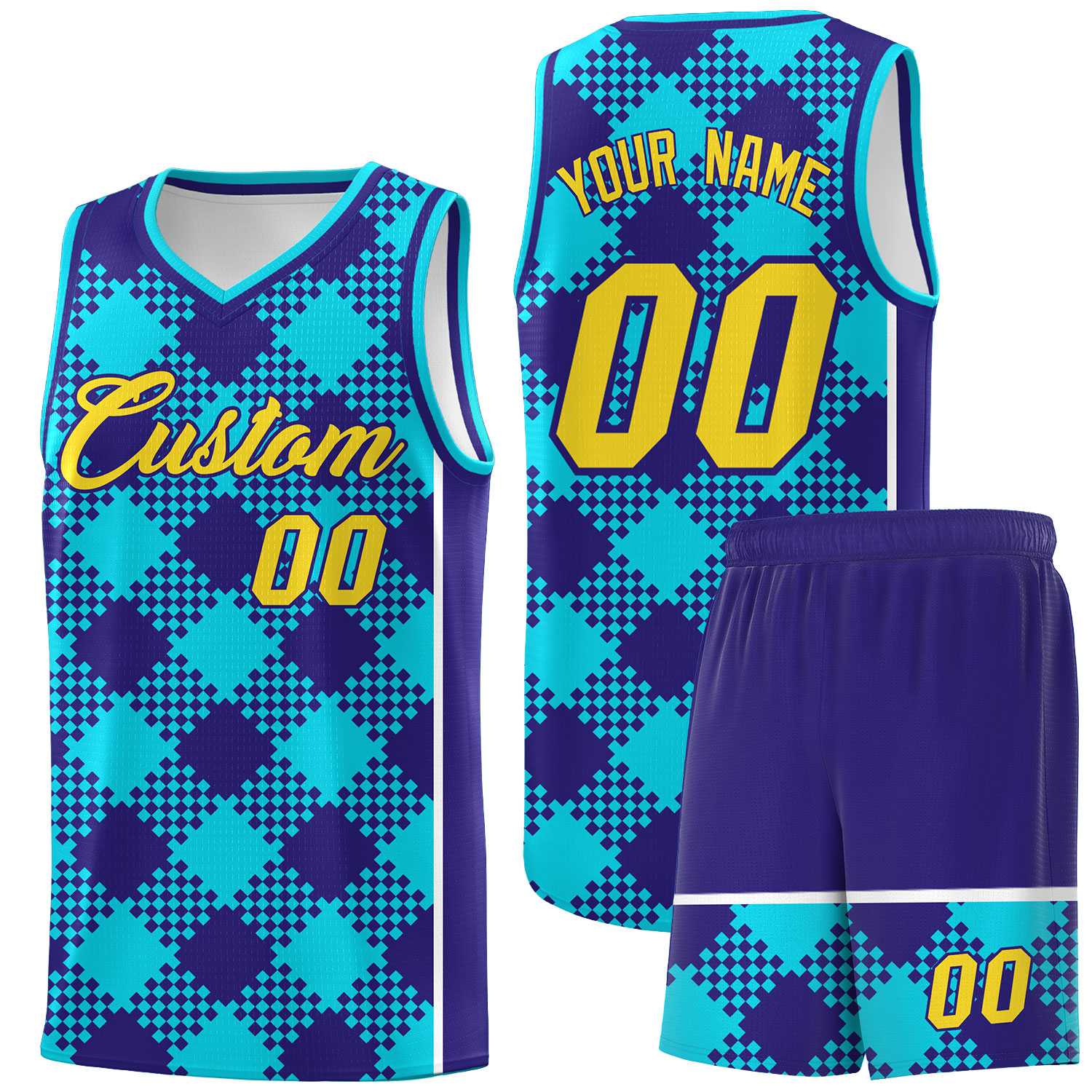 Personalized Royal White-Sky Blue Grid Basketball Kits