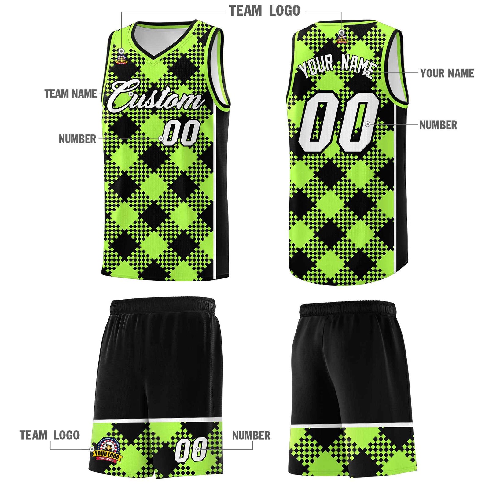 Personalized Fluorescent Green Black-White Grid Basketball Kits