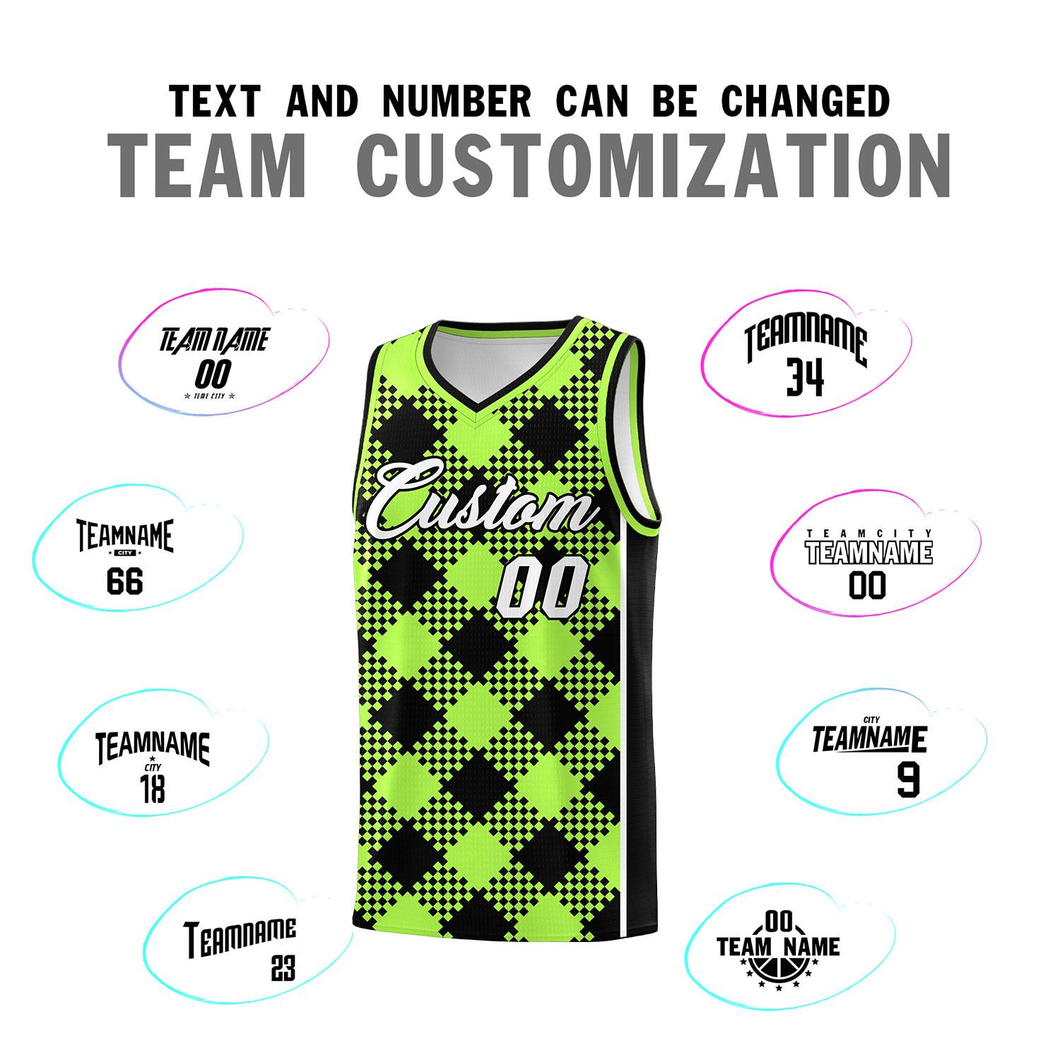 Personalized Fluorescent Green Black-White Grid Basketball Kits