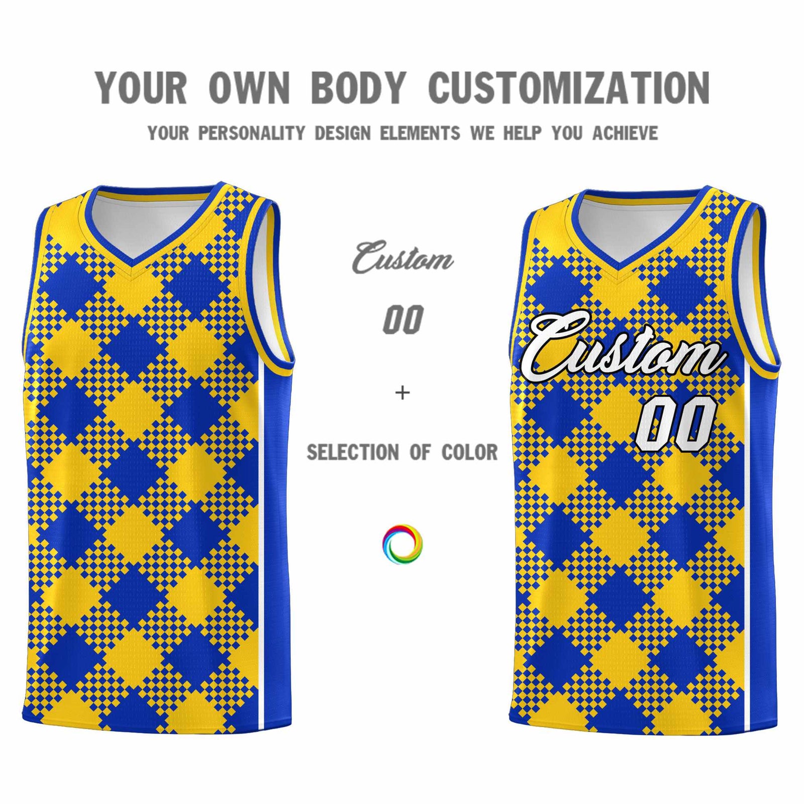 Personalized Royal Gold-White Grid Basketball Kits