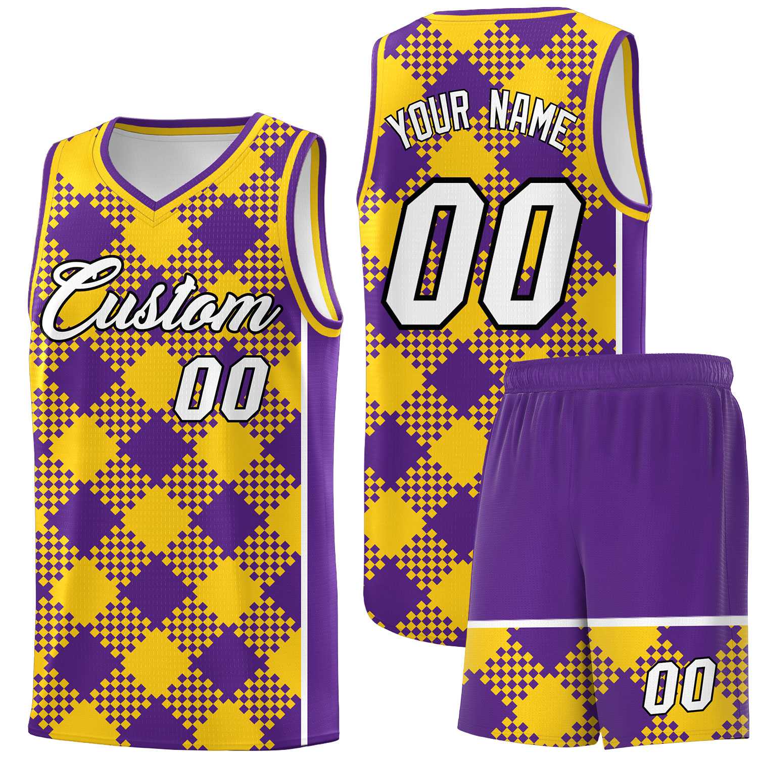 Personalized Purple Gold-White Grid Basketball Kits