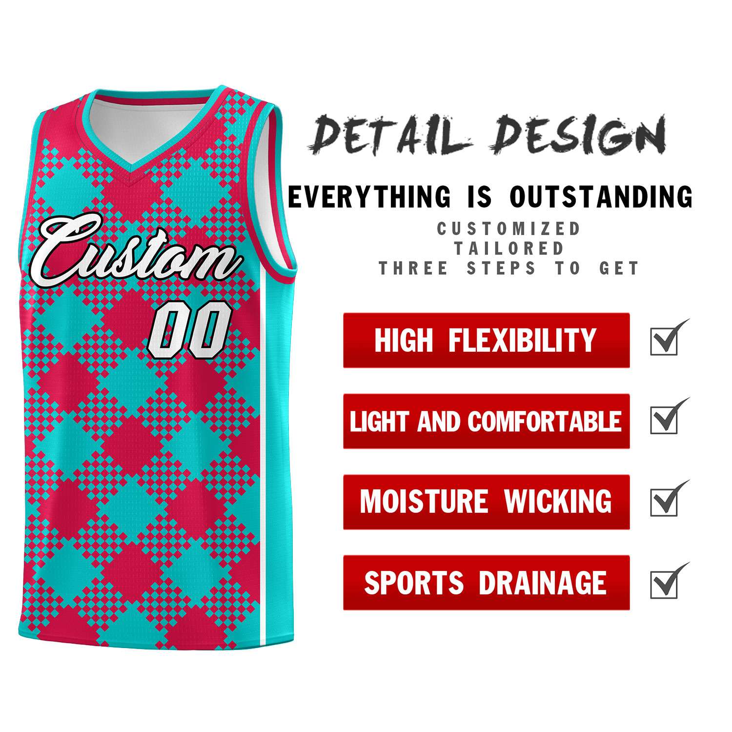 Personalized Aqua Red-White Grid Basketball Kits