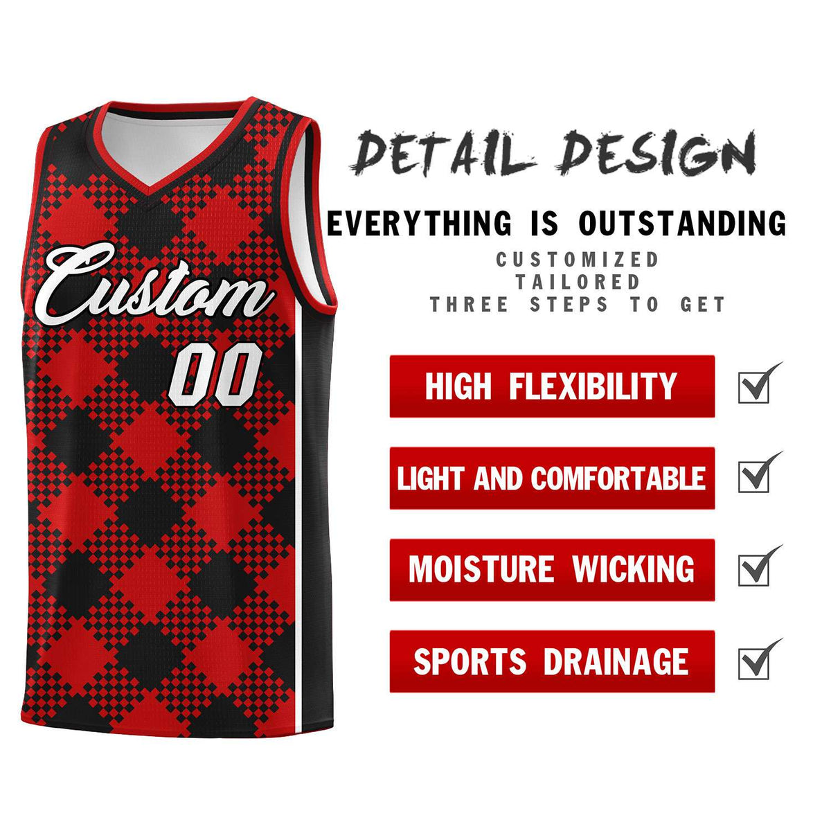 Personalized Red Black-White Grid Basketball Kits