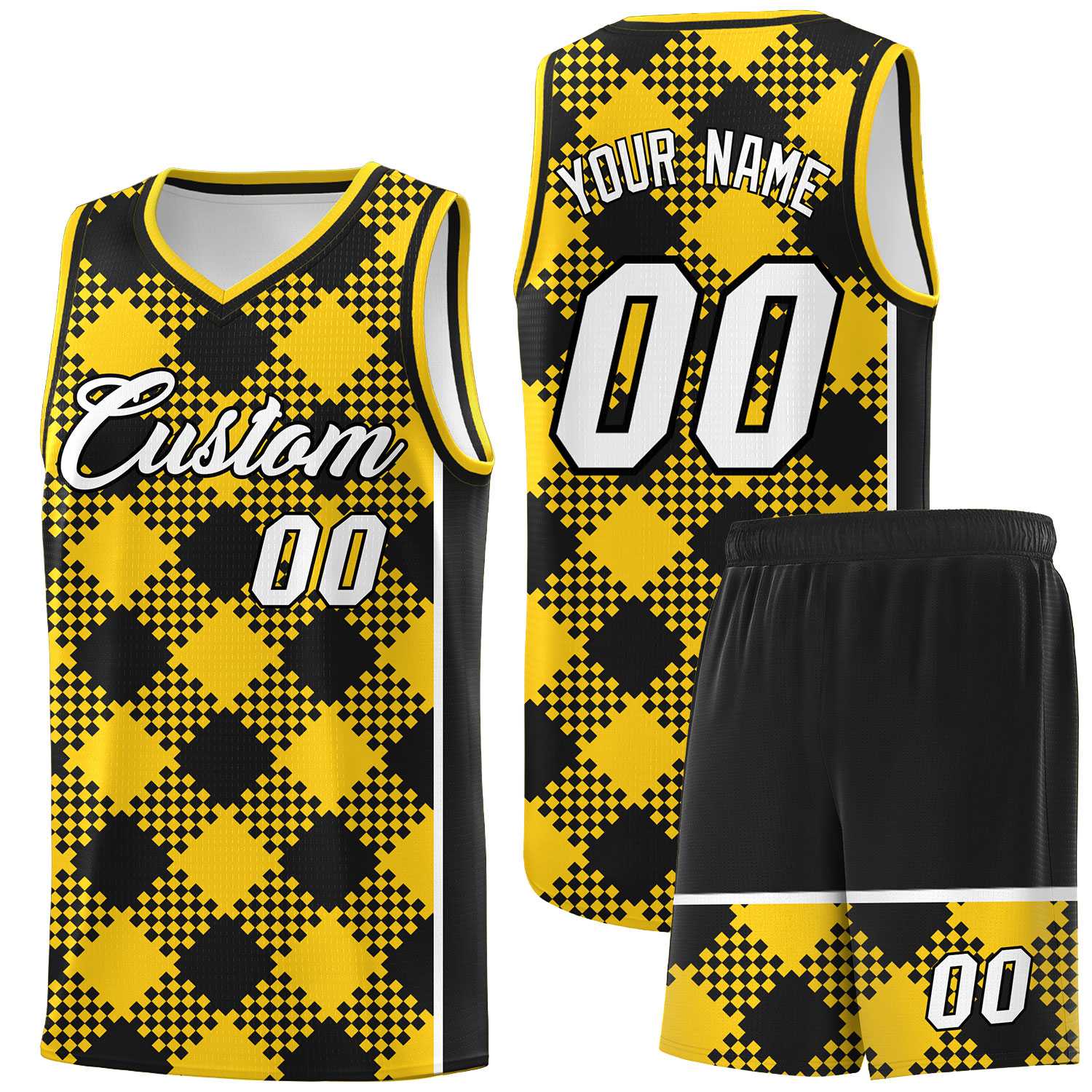Personalized Gold Black-White Grid Basketball Kits