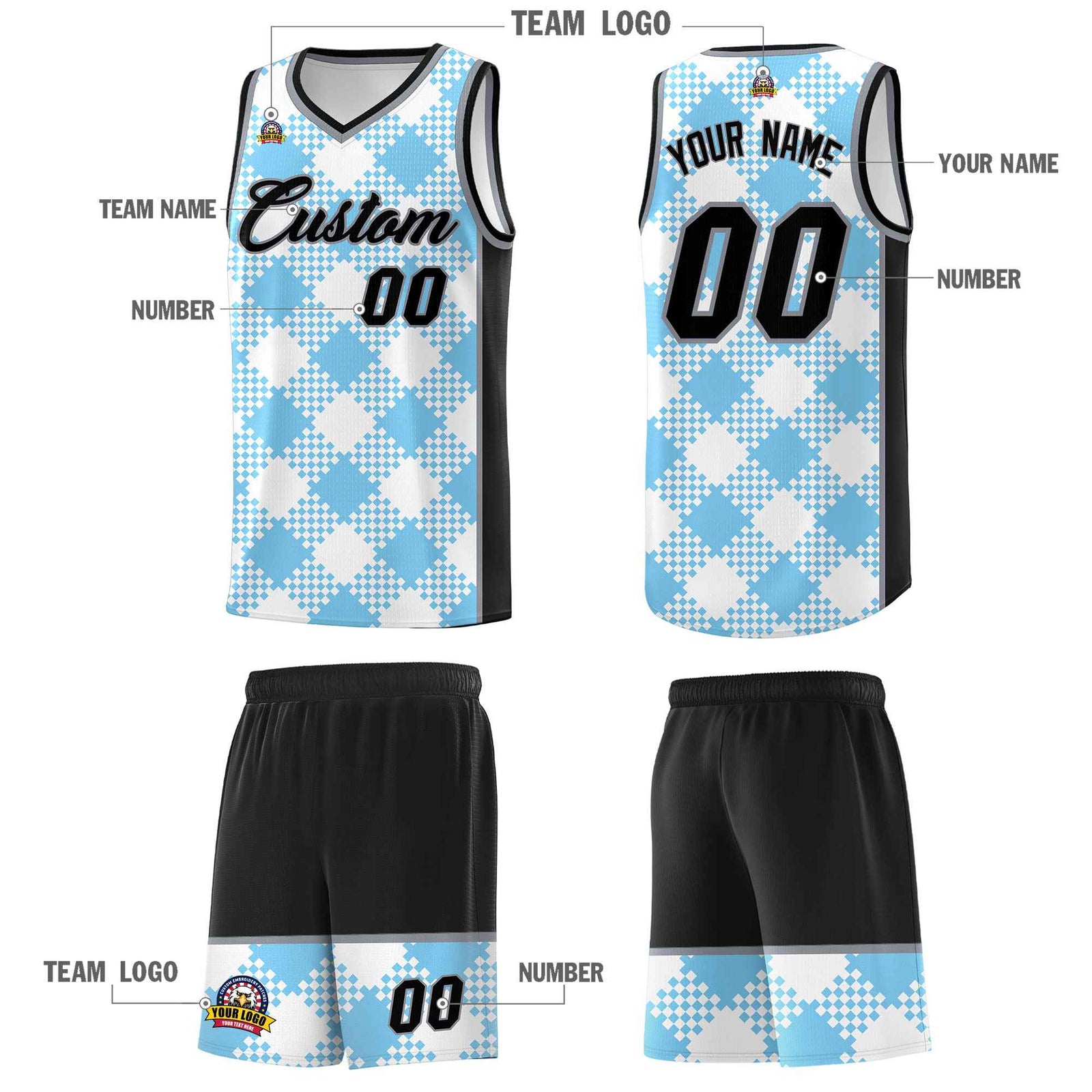 Personalized Light Blue White-Black Grid Basketball Kits