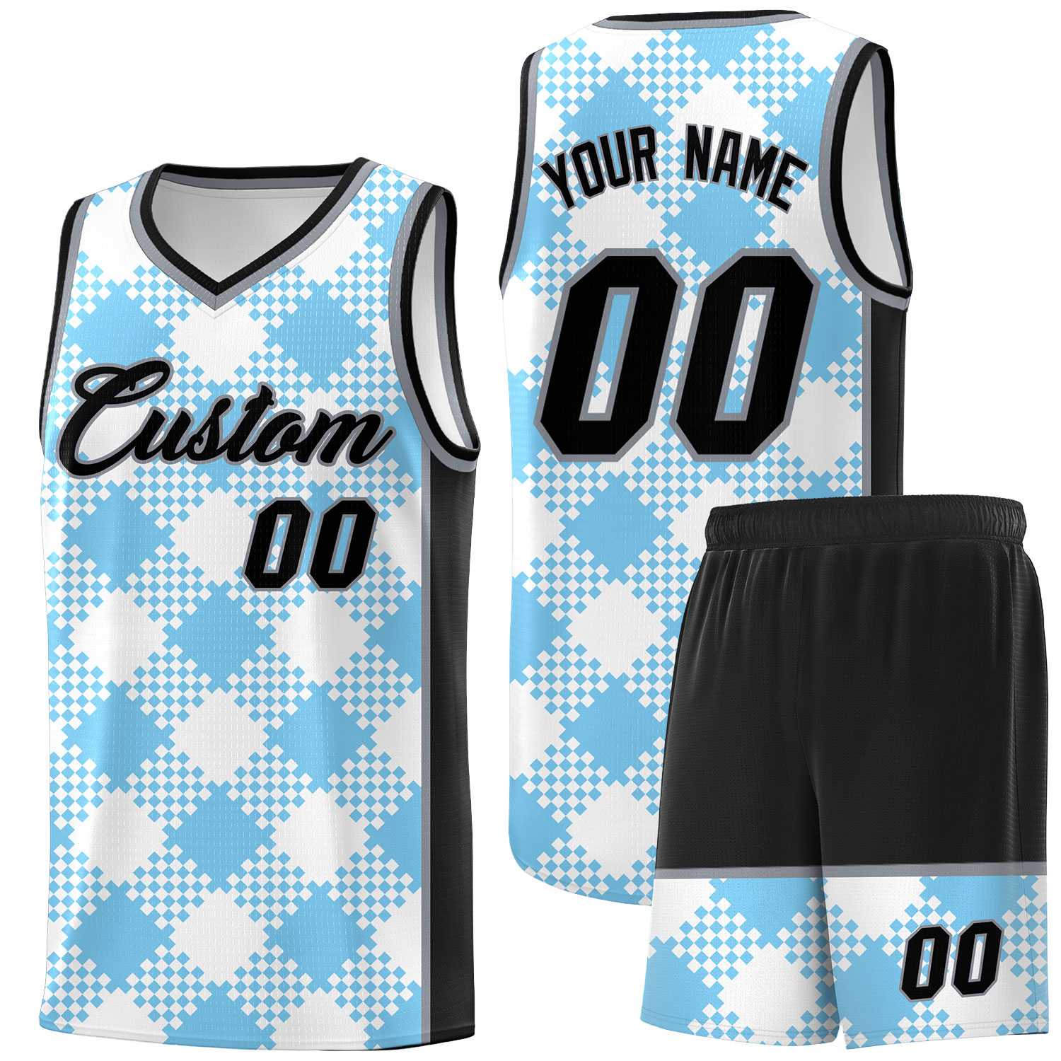 Personalized Light Blue White-Black Grid Basketball Kits