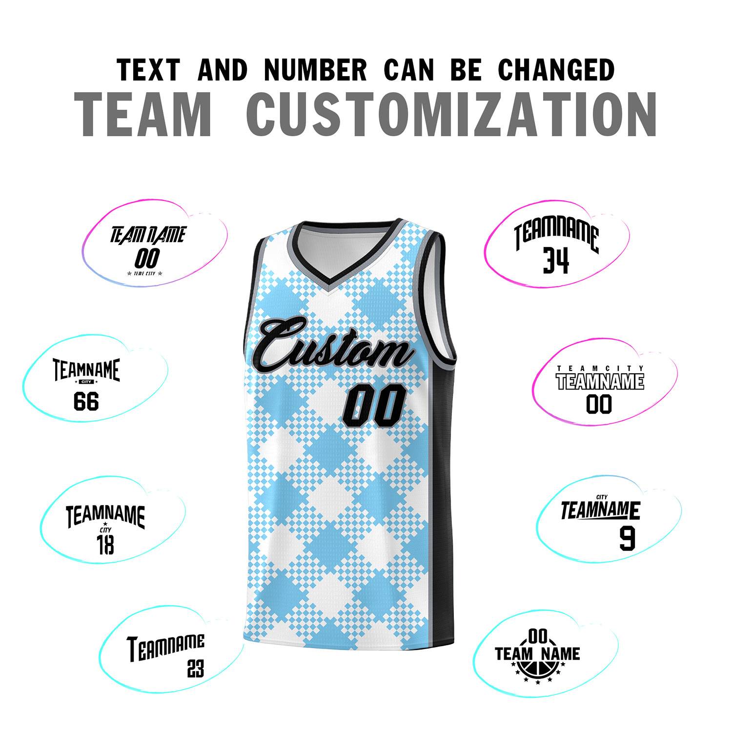 Personalized Light Blue White-Black Grid Basketball Kits