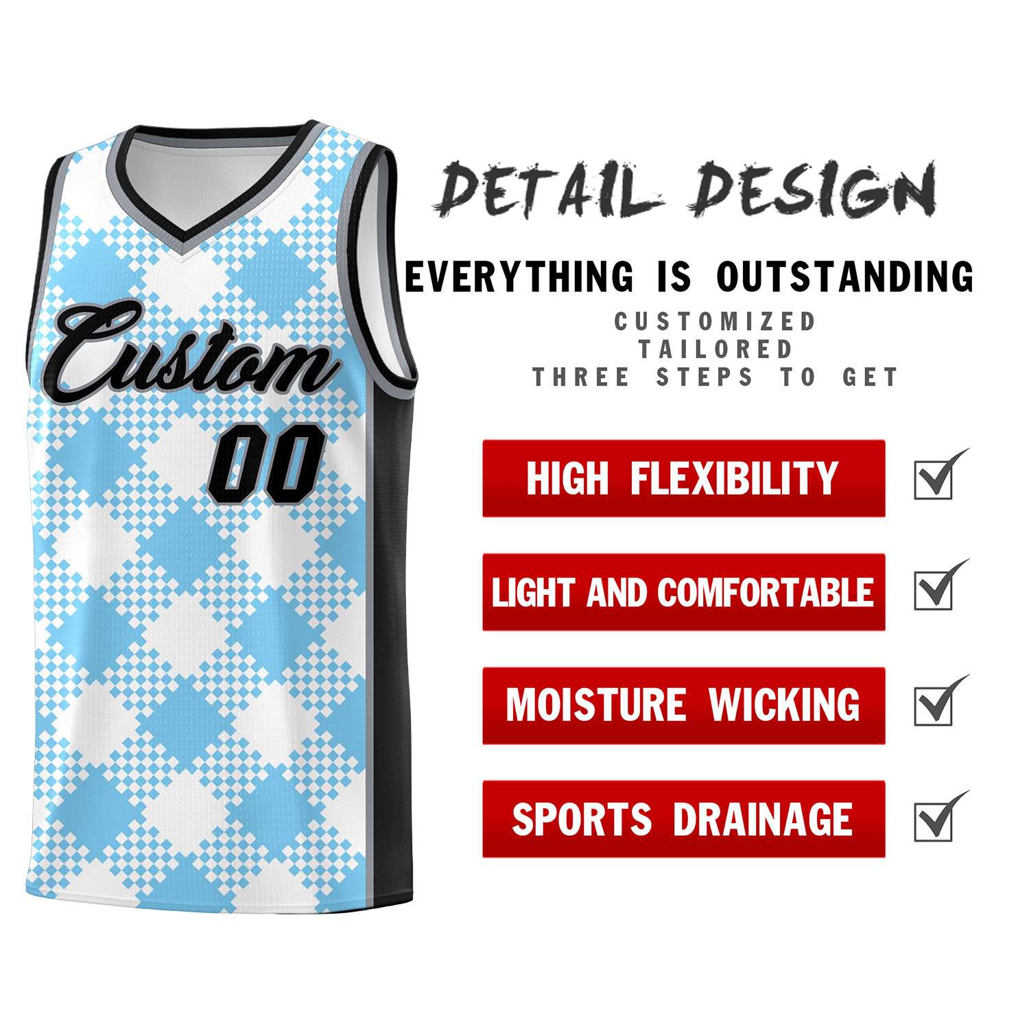 Personalized Light Blue White-Black Grid Basketball Kits