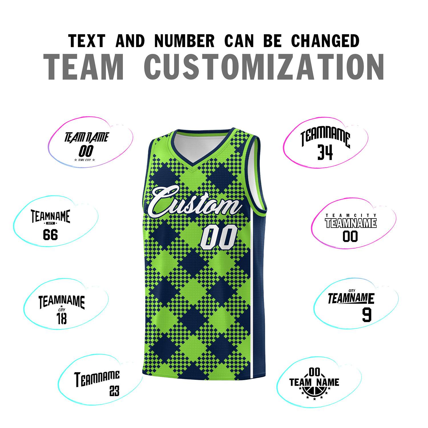 Personalized Fluorescent Green Navy-White Grid Basketball Kits