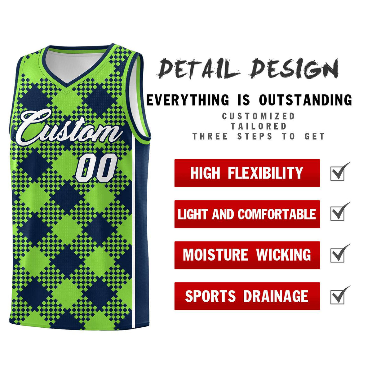 Personalized Fluorescent Green Navy-White Grid Basketball Kits