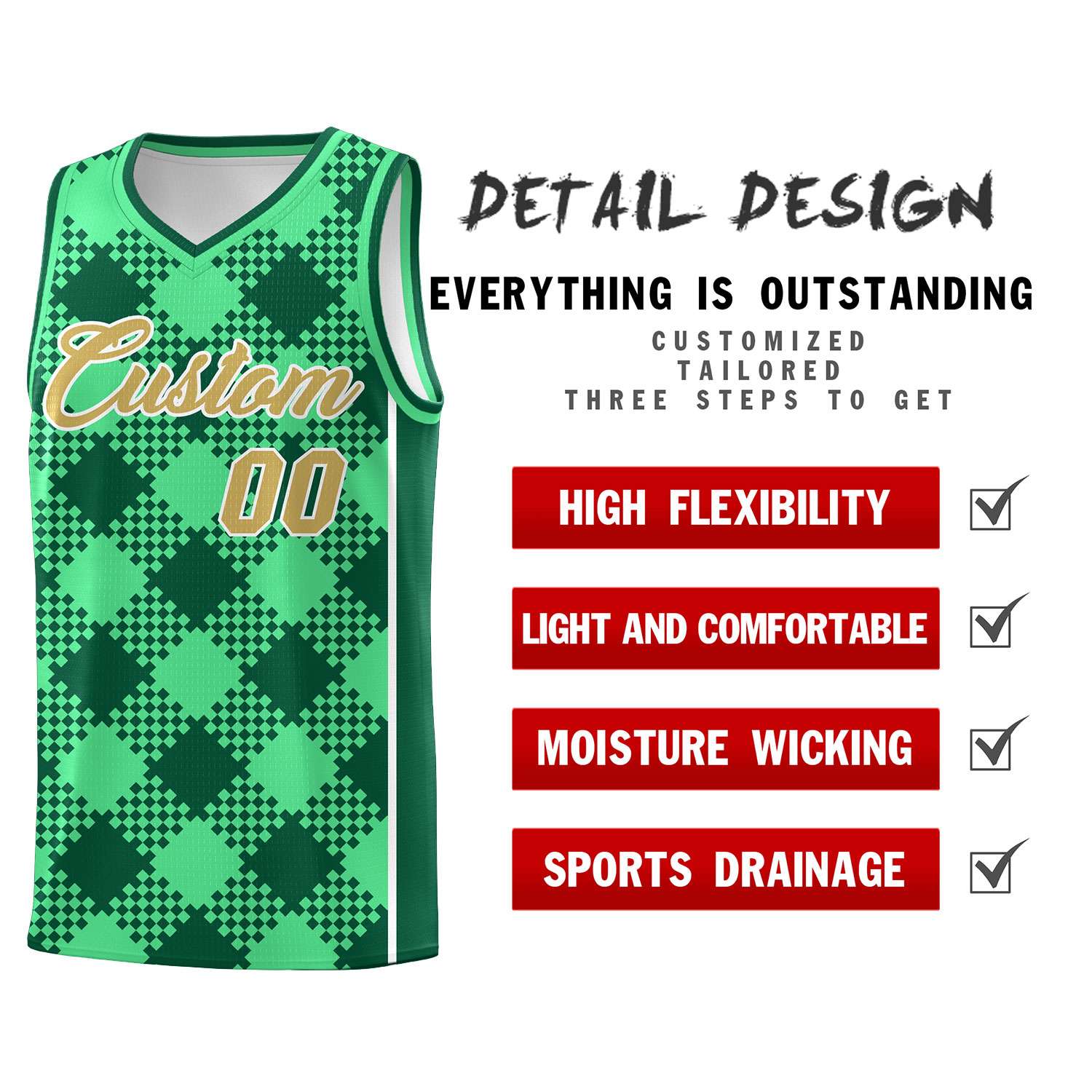 Personalized Green Kelly Green-White Grid Basketball Kits