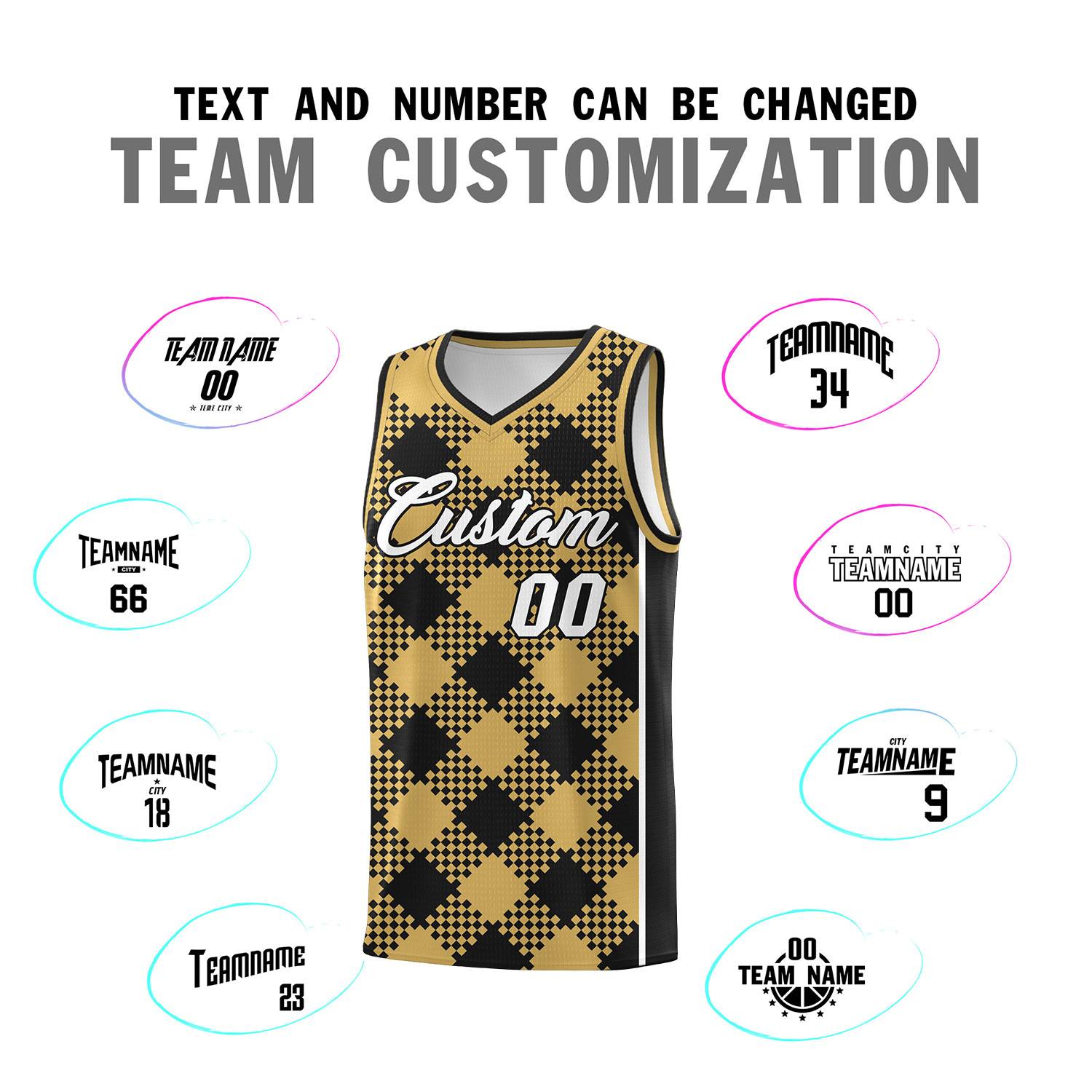 Personalized Old Gold Black-White Grid Basketball Kits