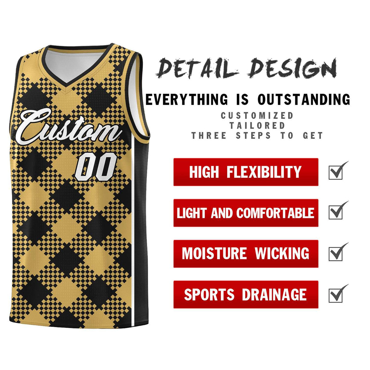 Personalized Old Gold Black-White Grid Basketball Kits