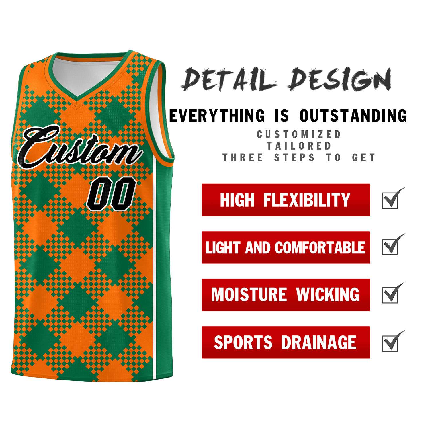 Personalized Orange Kelly Green-White Grid Basketball Kits