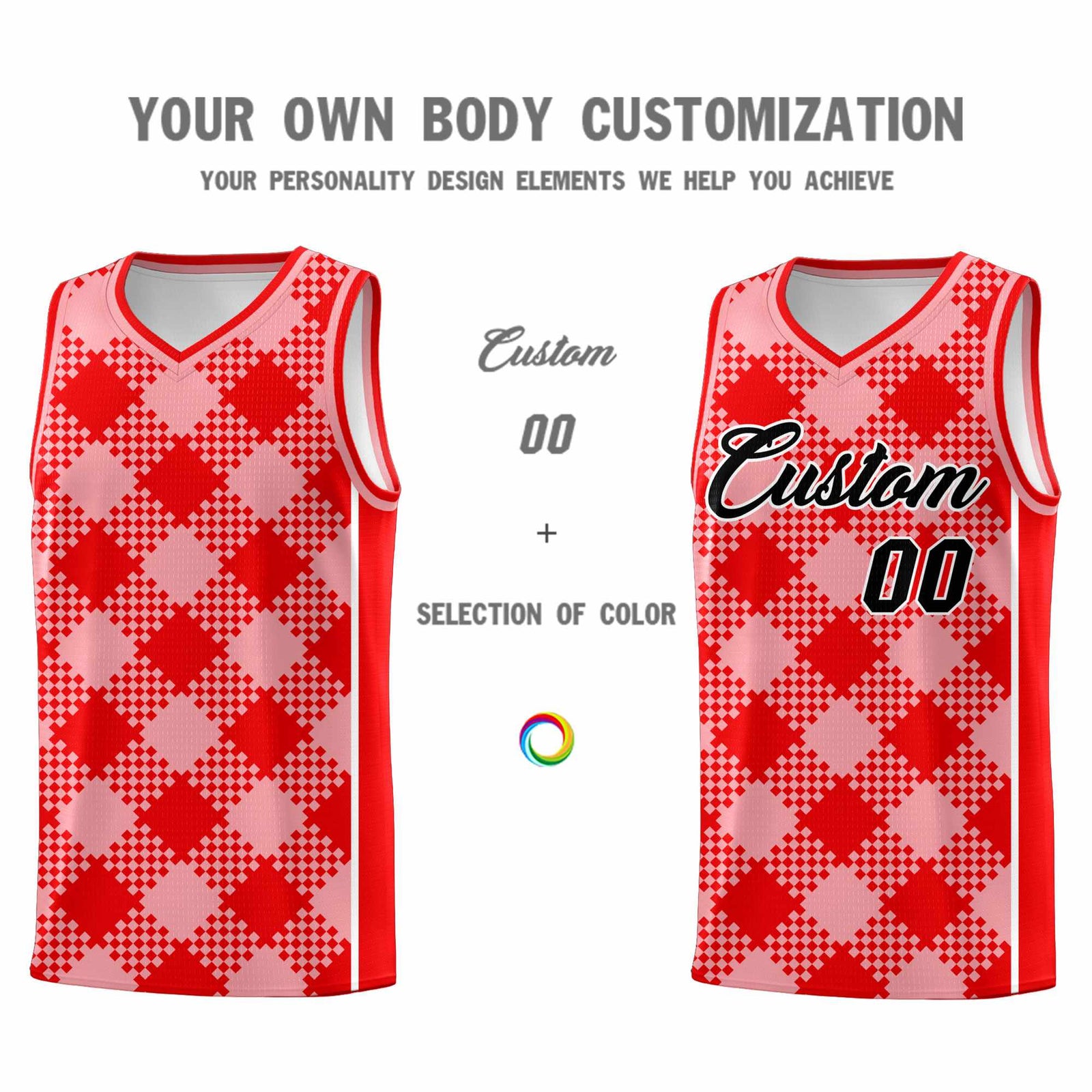 Personalized Light Pink Light Red-White Grid Basketball Kits