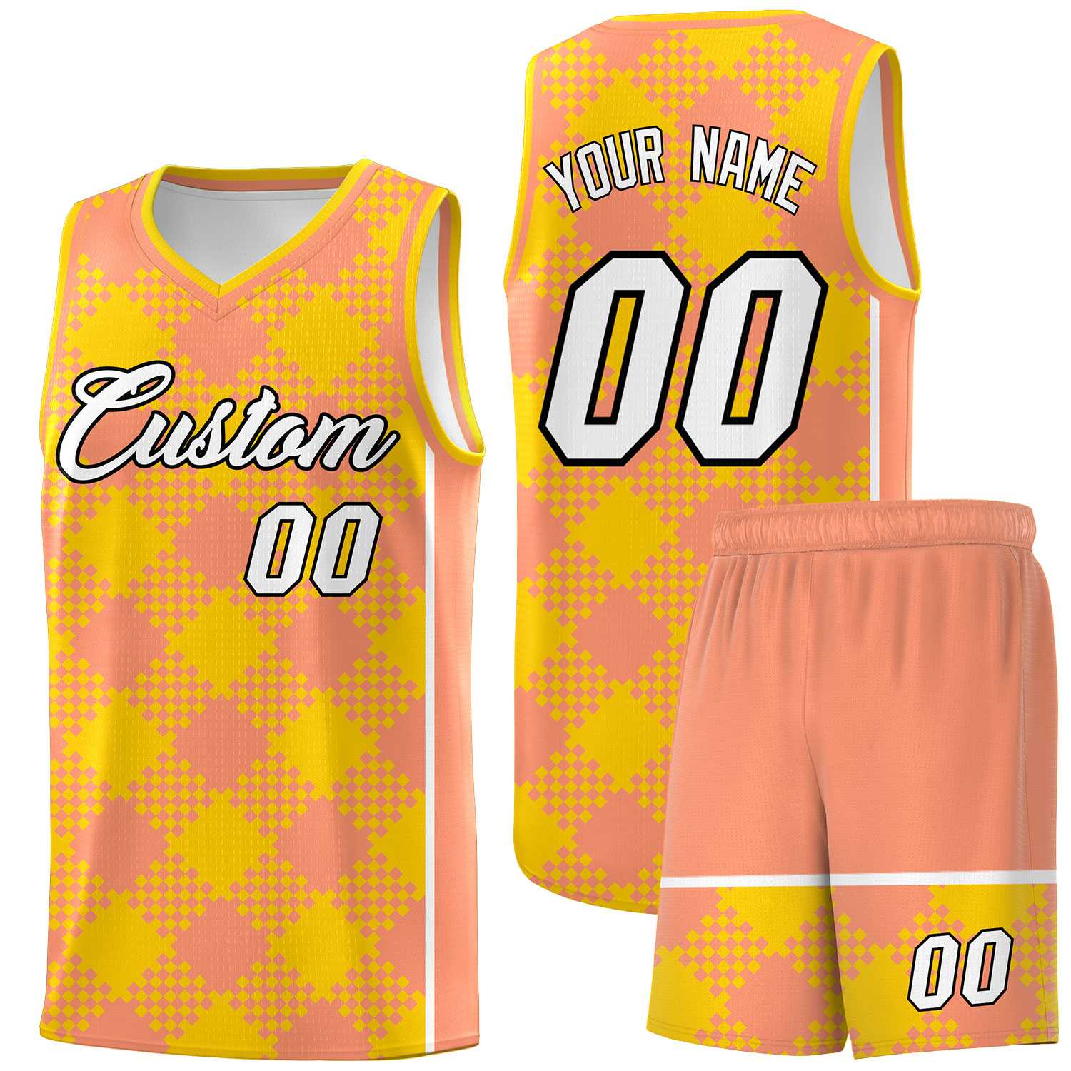 Personalized Light Orange Gold-White Grid Basketball Kits