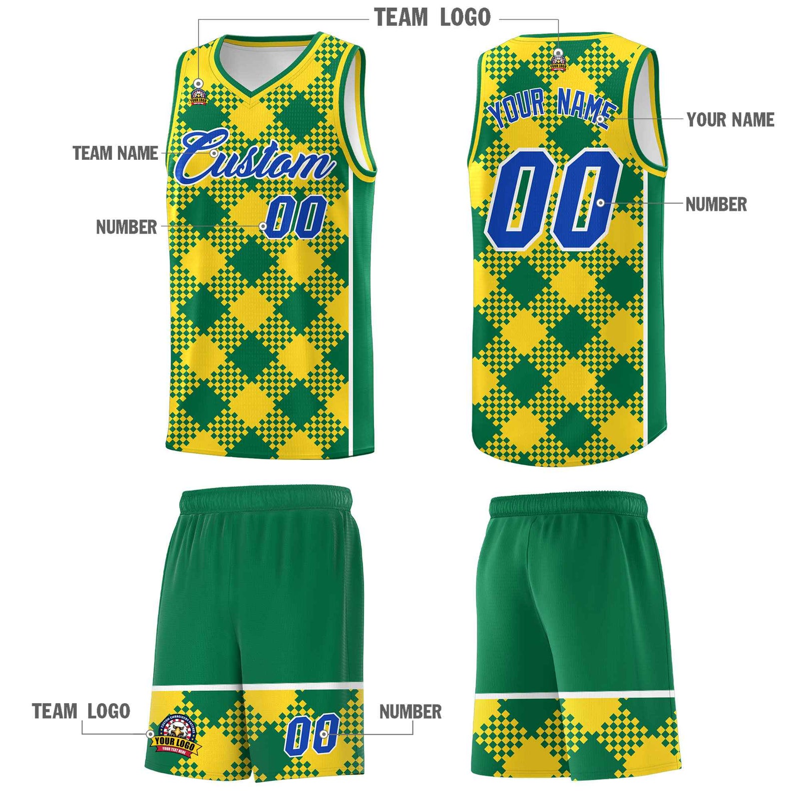 Personalized Gold Kelly Green-White Grid Basketball Kits