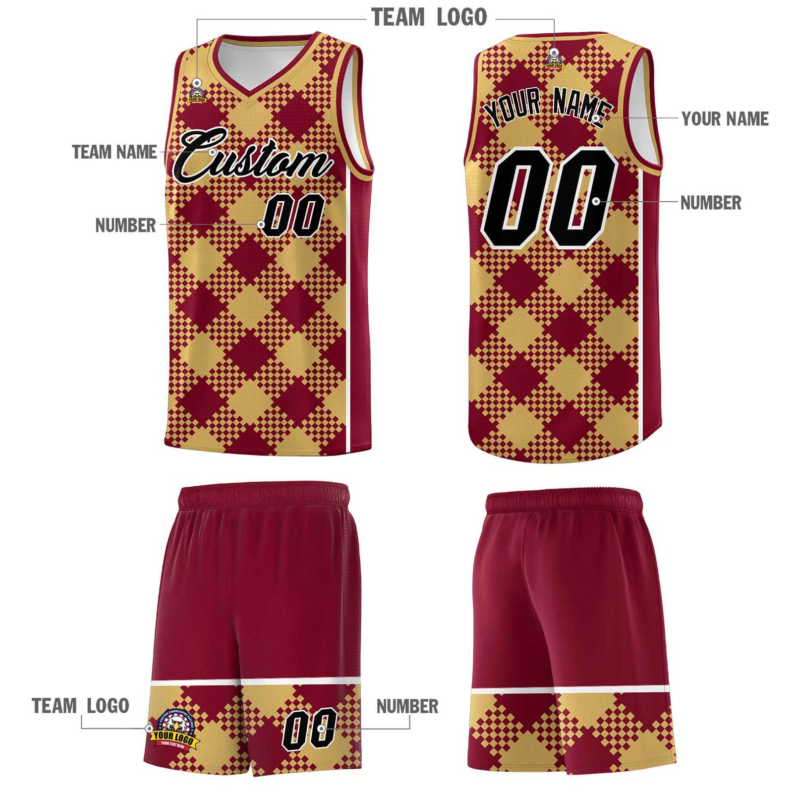 Personalized Old Gold Crimson-White Grid Basketball Kits
