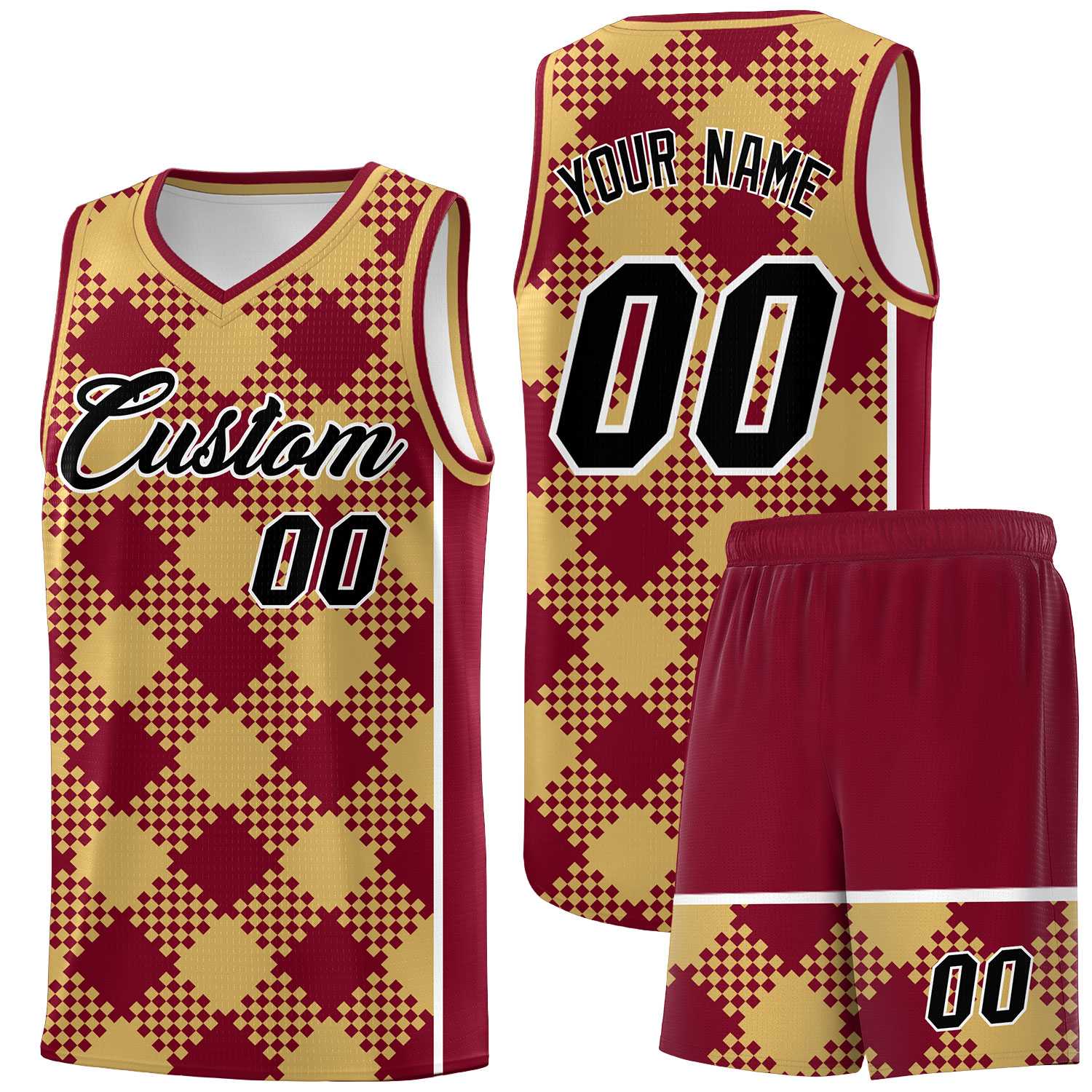 Personalized Old Gold Crimson-White Grid Basketball Kits