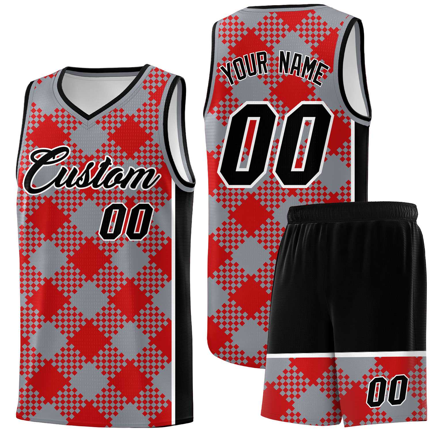 Personalized Gray Red-White Grid Basketball Kits