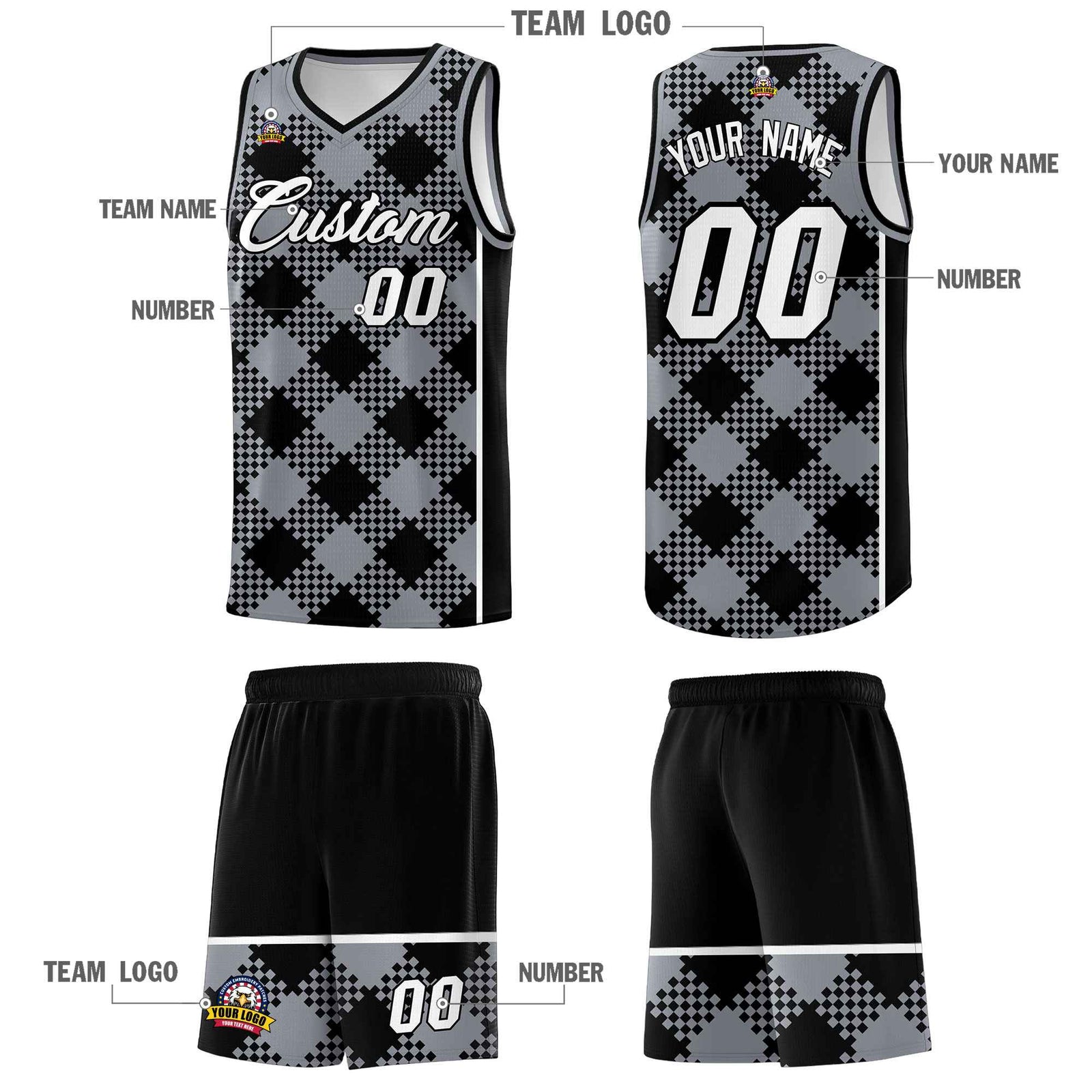 Personalized Gray Black-White Grid Basketball Kits