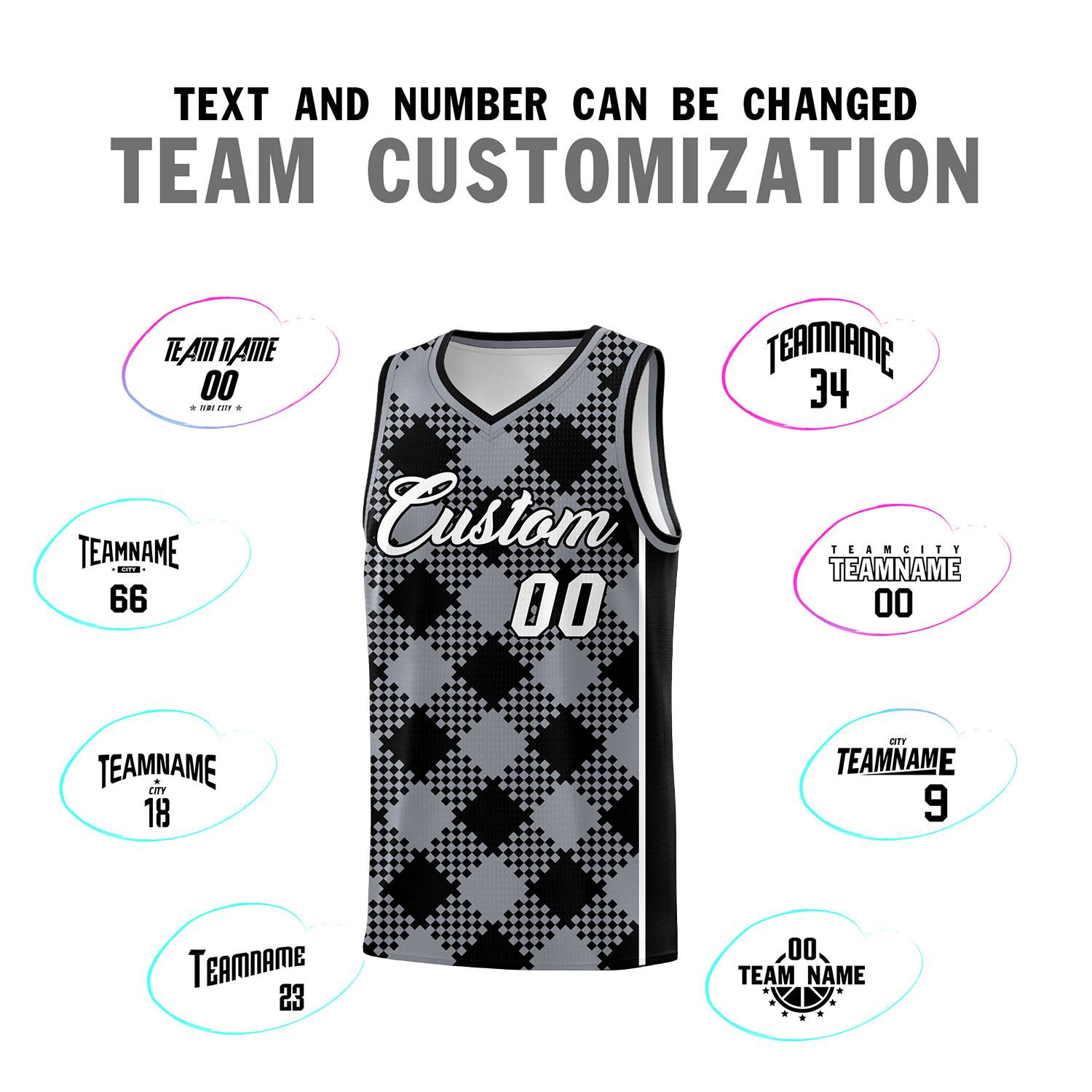 Personalized Gray Black-White Grid Basketball Kits