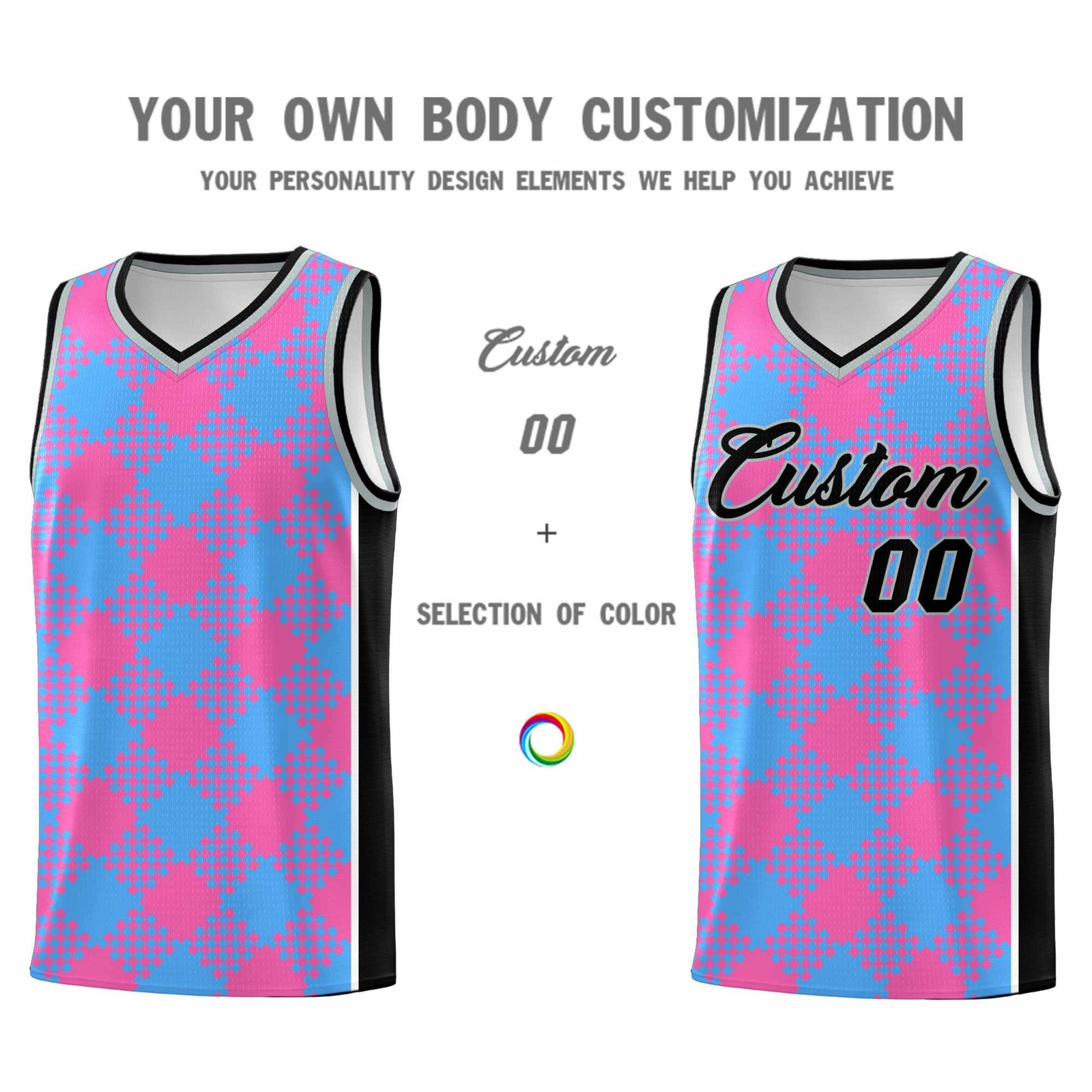 Personalized Powder Blue Pink-White Grid Basketball Kits