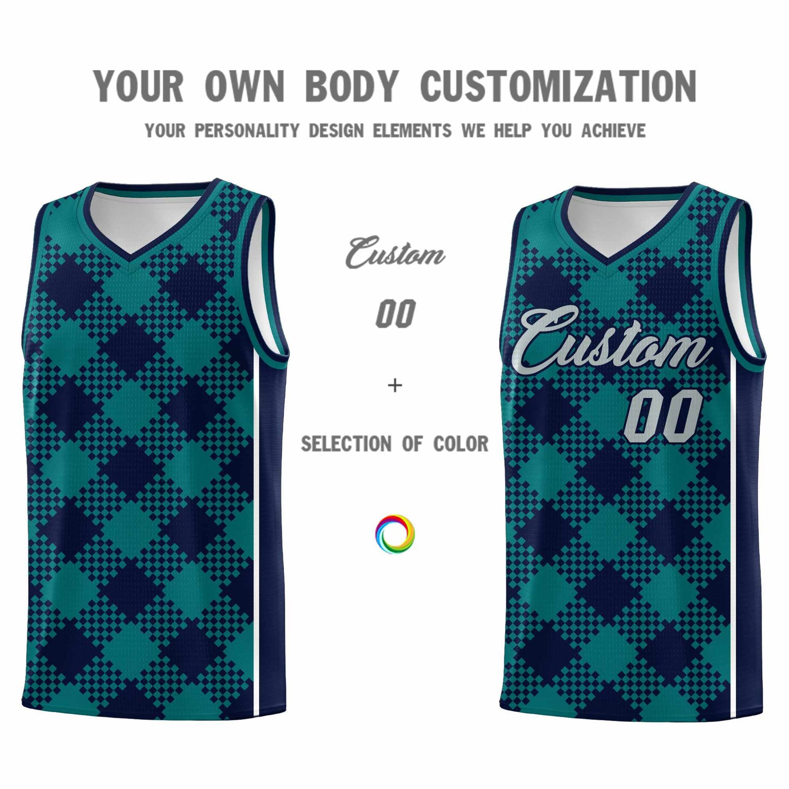 Personalized Teal Navy-White Grid Basketball Kits