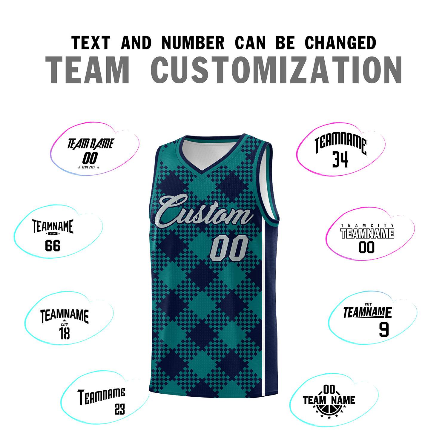 Personalized Teal Navy-White Grid Basketball Kits