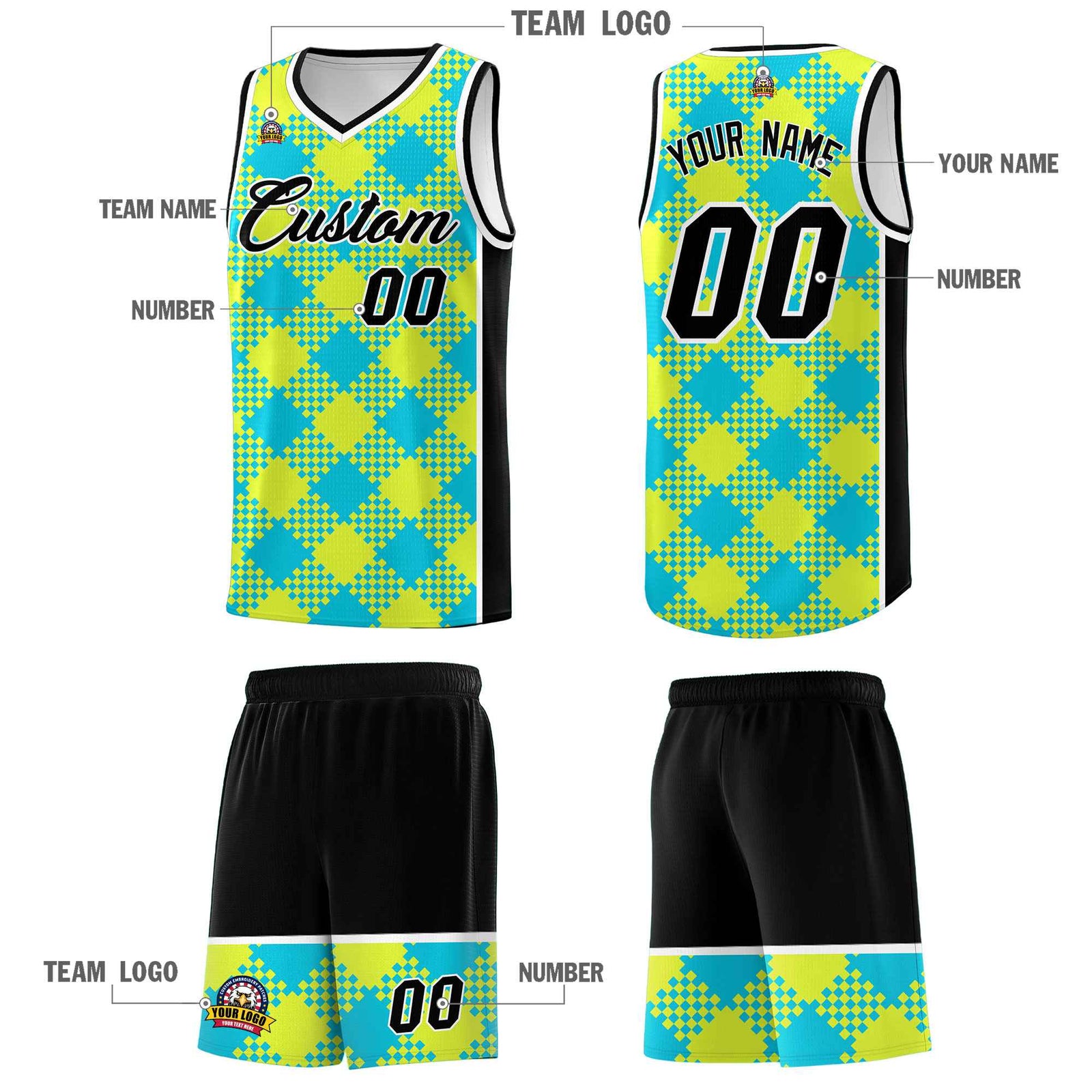Personalized Sky Blue Fluorescent Green-White Grid Basketball Kits