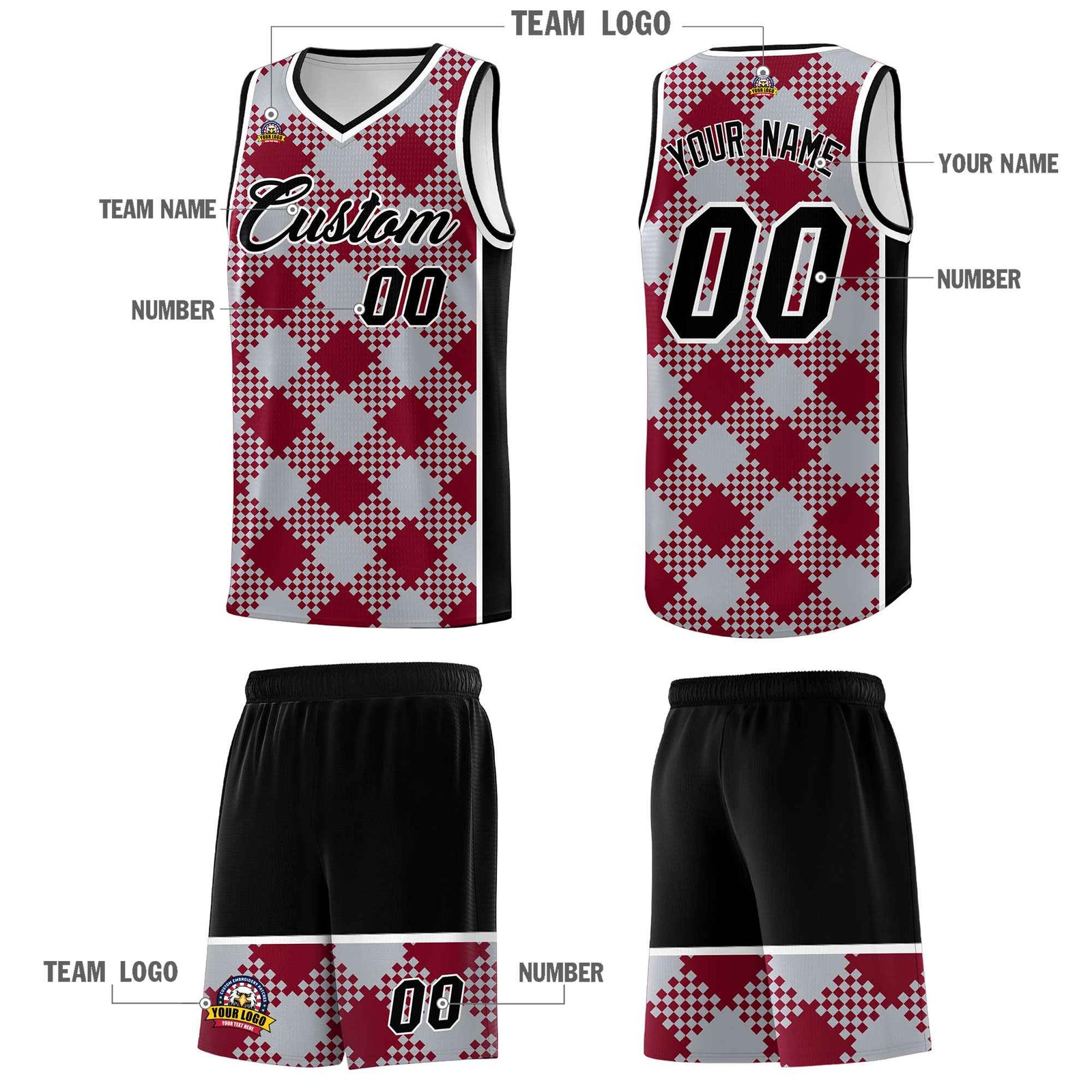 Personalized Gray Crimson-White Grid Basketball Kits