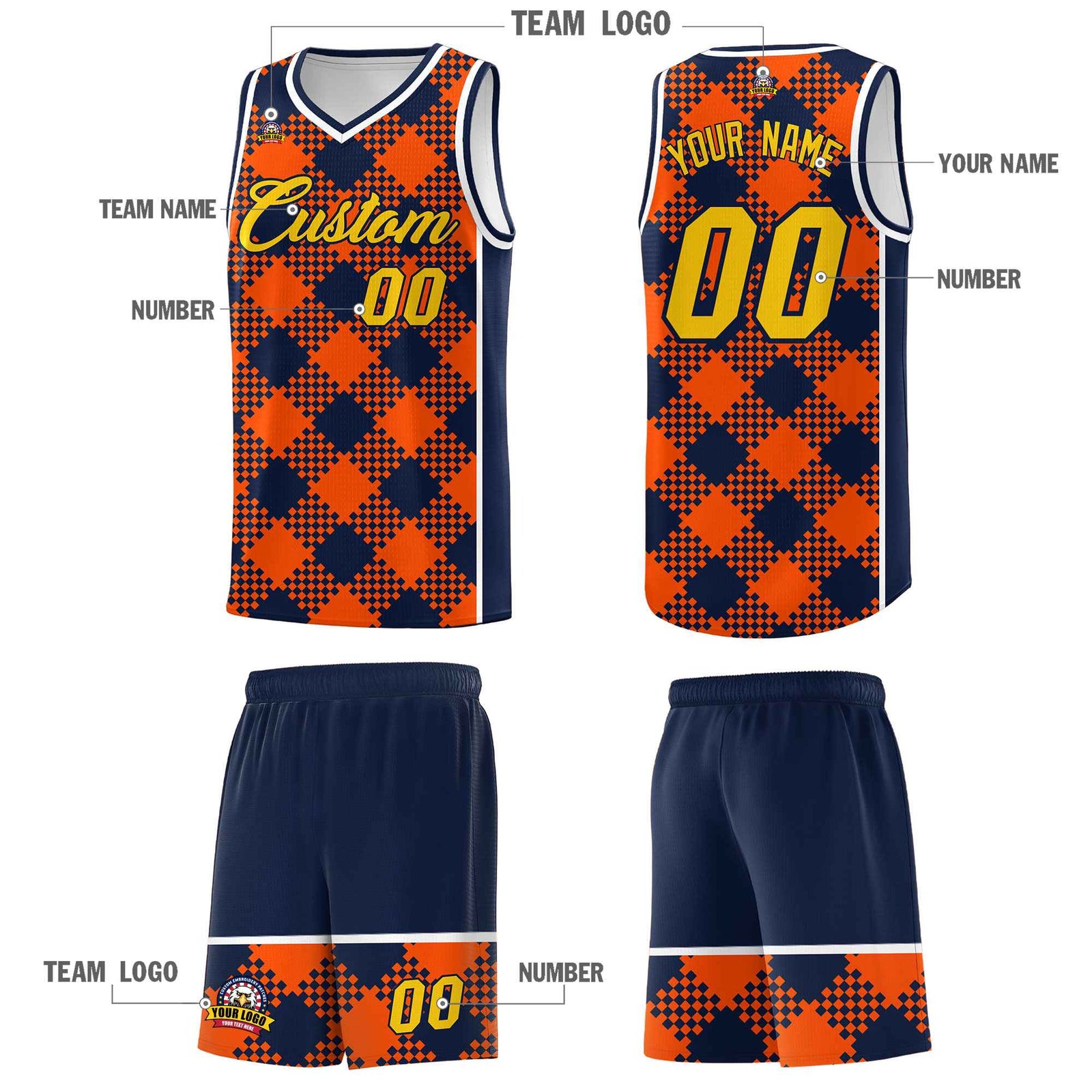 Personalized Orange Navy-White Grid Basketball Kits