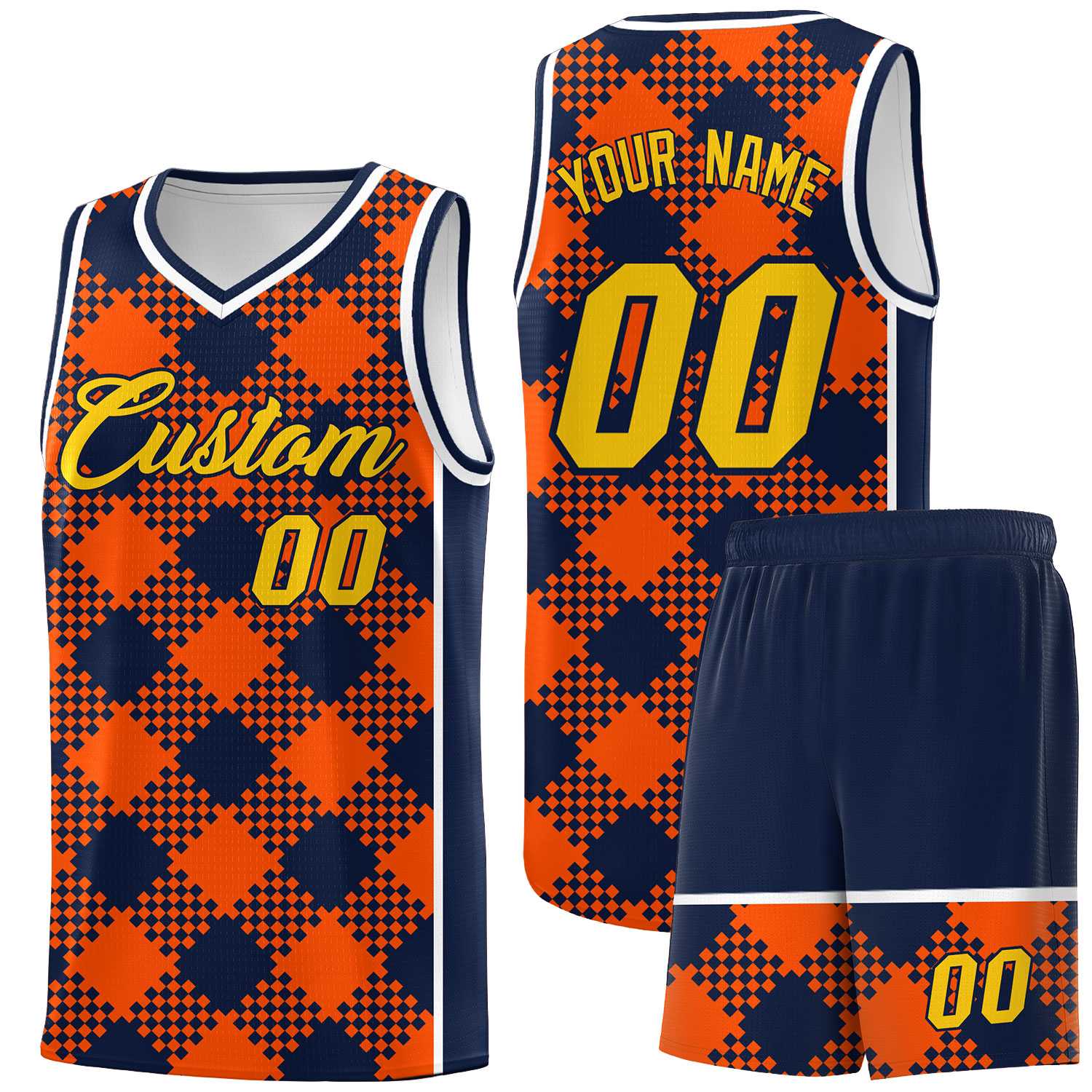Personalized Orange Navy-White Grid Basketball Kits