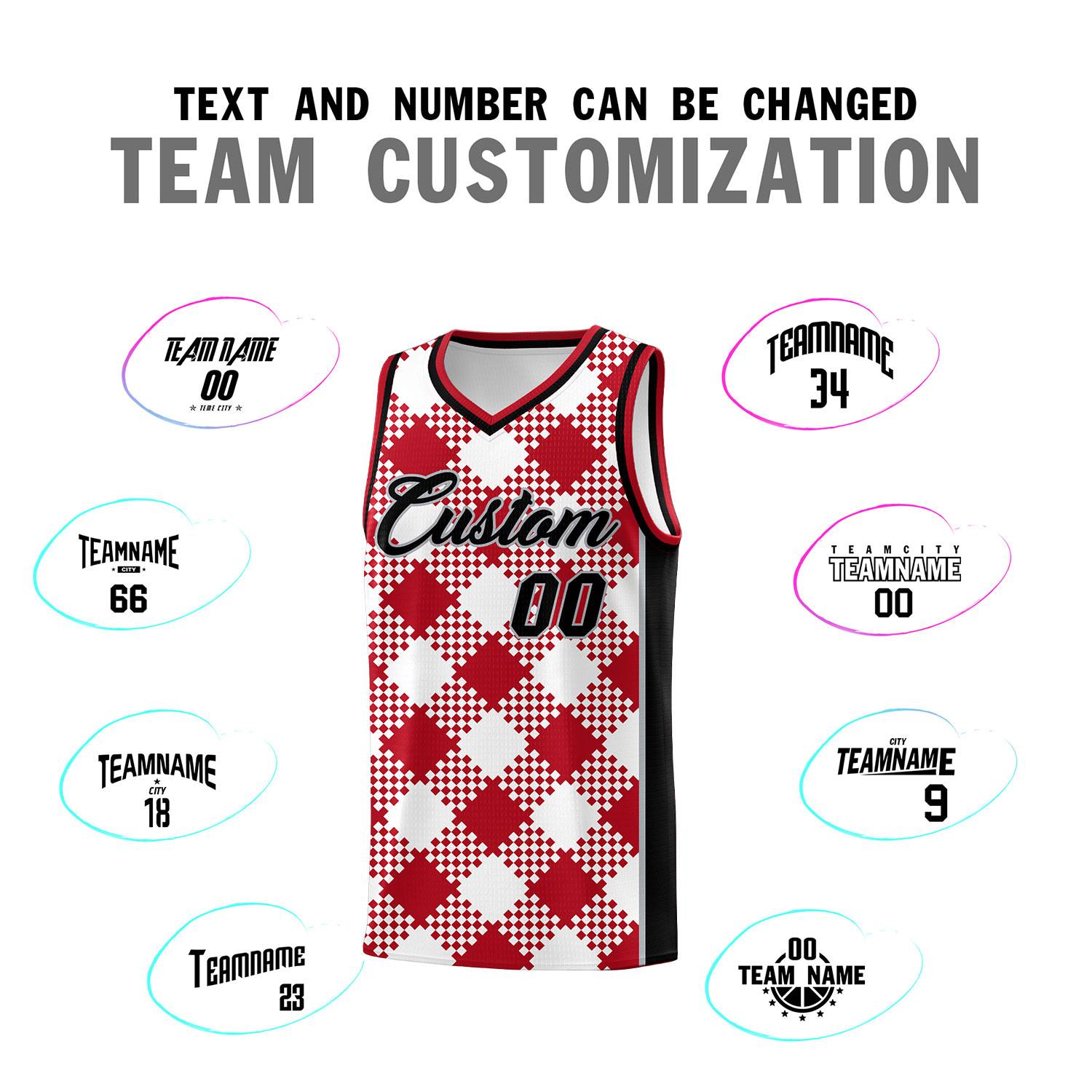Personalized White Red-Gray Grid Basketball Kits