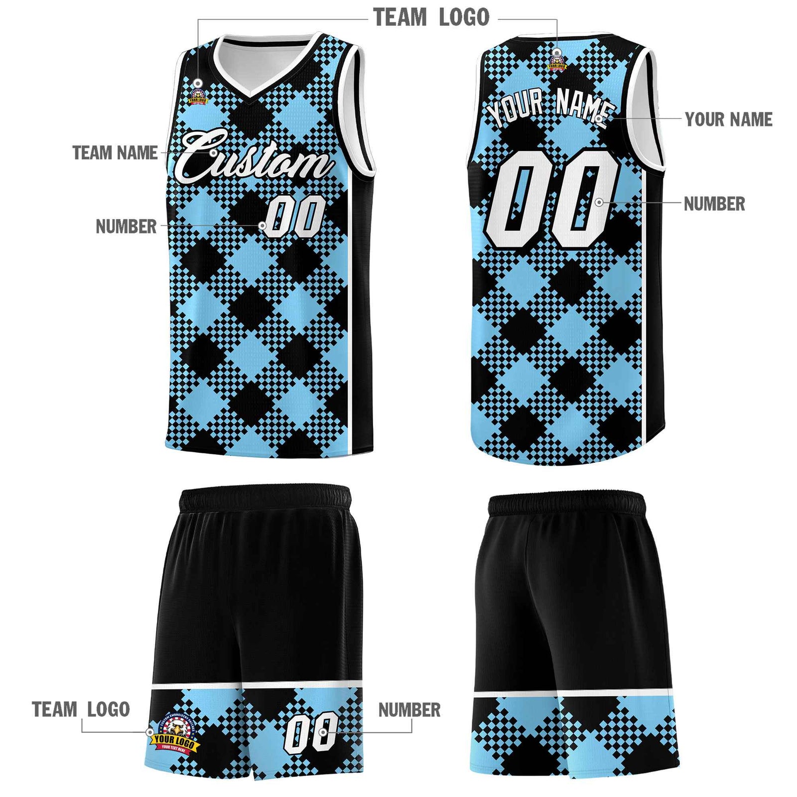 Personalized Light Blue White-Black Grid Basketball Kits