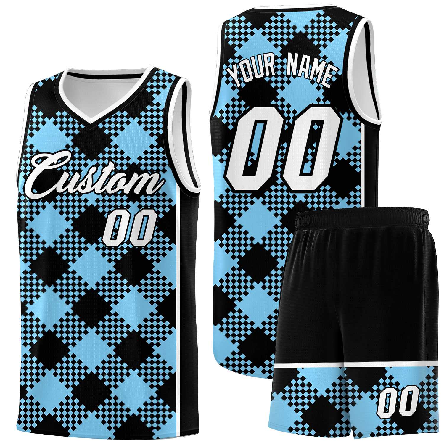 Personalized Light Blue White-Black Grid Basketball Kits