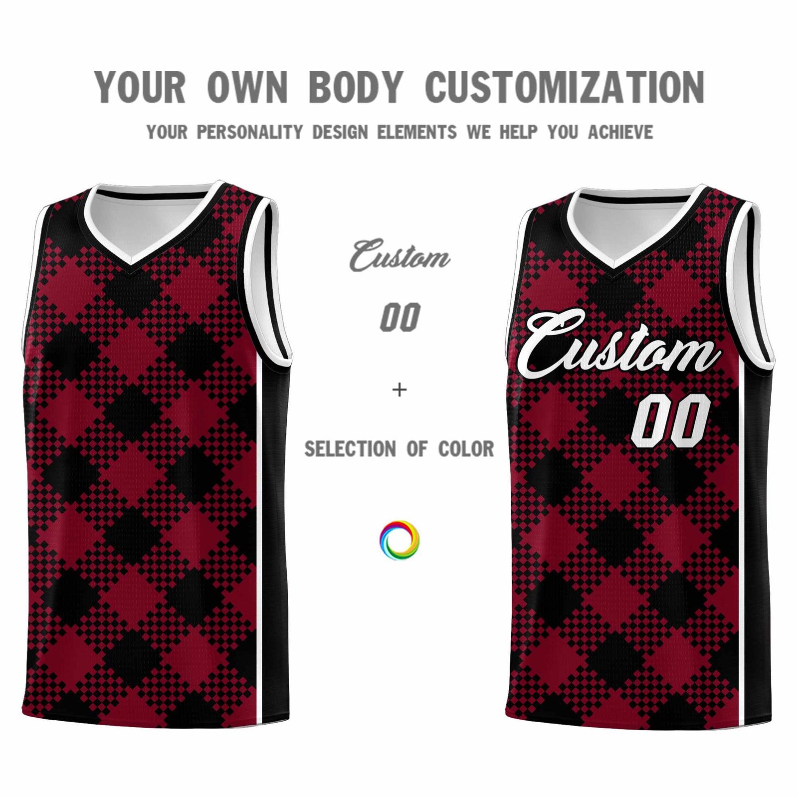 Personalized Crimson Black-White Grid Basketball Kits
