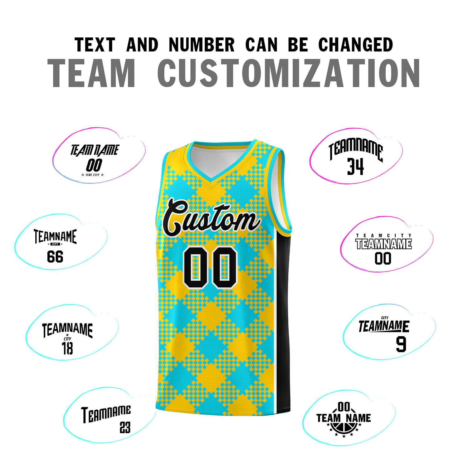 Personalized Sky Blue Gold-Black Grid Basketball Kits