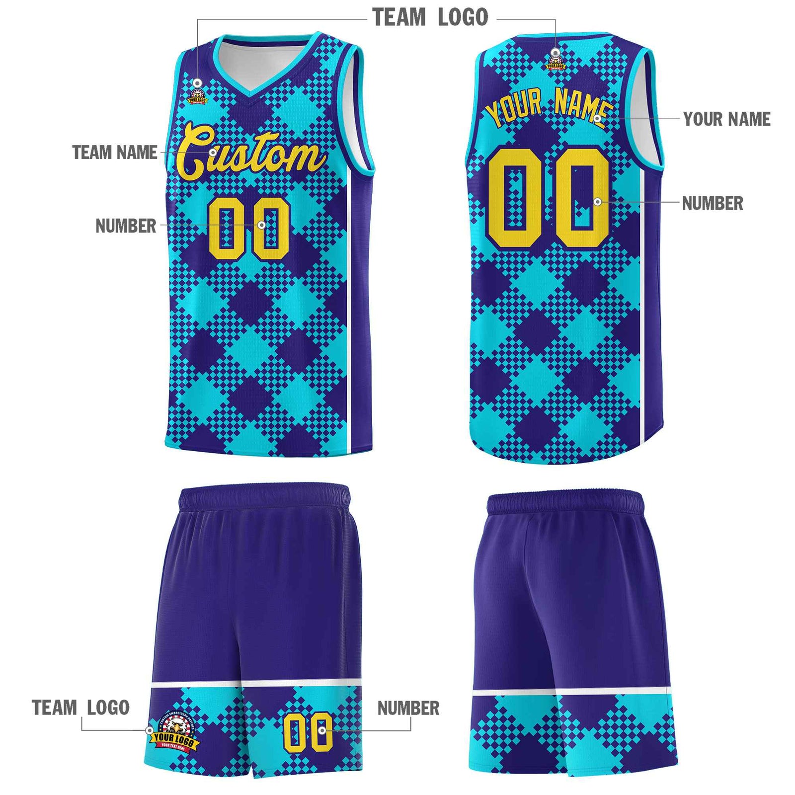 Personalized Royal White-Sky Blue Grid Basketball Kits