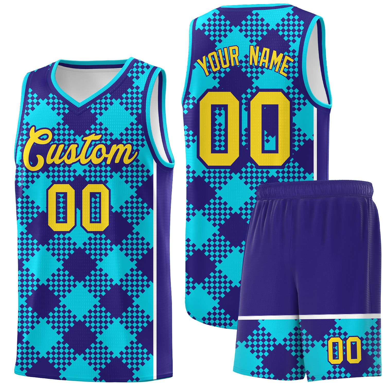 Personalized Royal White-Sky Blue Grid Basketball Kits