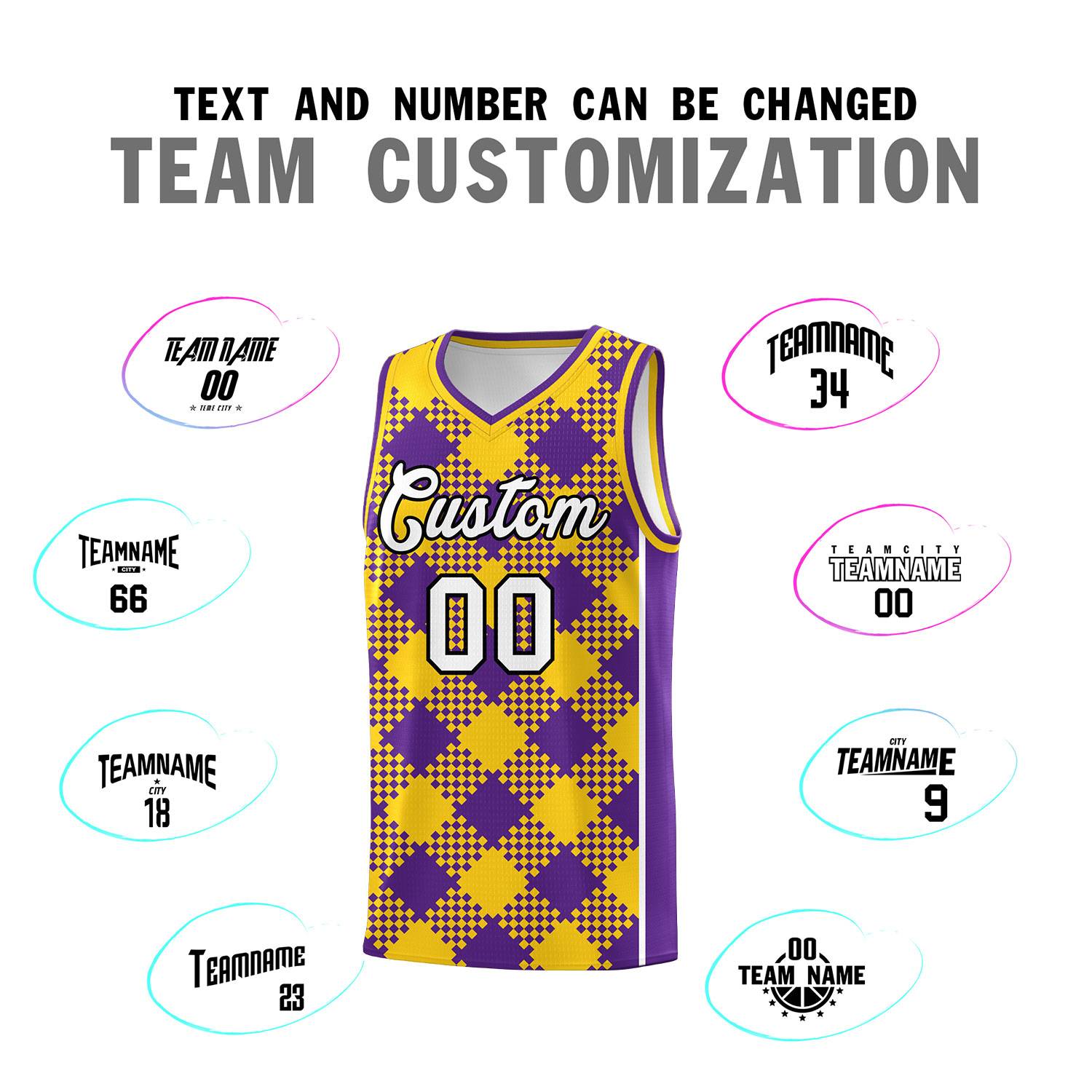 Personalized Purple Gold-White Grid Basketball Kits