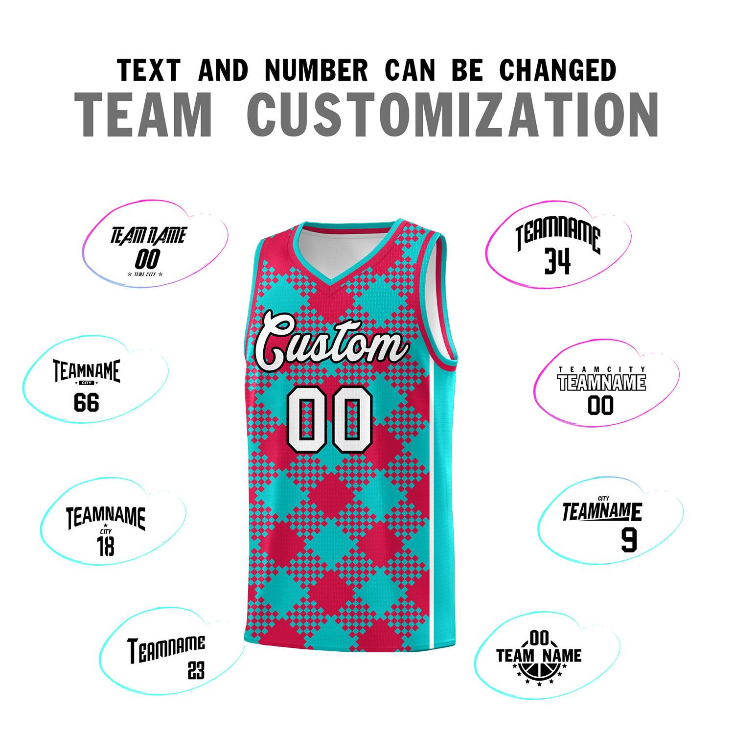 Personalized Aqua Red-White Grid Basketball Kits