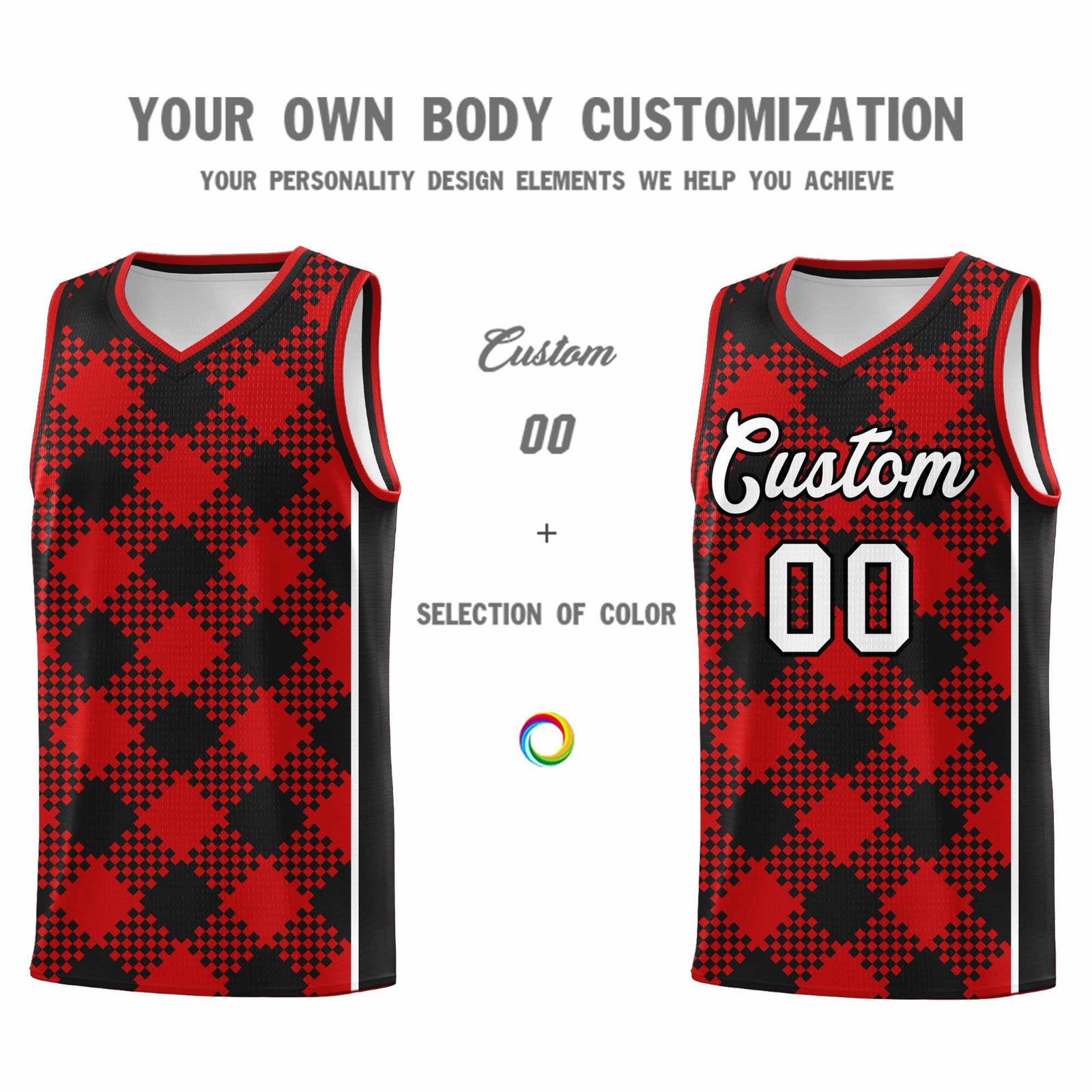 Personalized Red Black-White Grid Basketball Kits