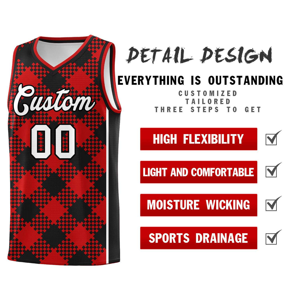 Personalized Red Black-White Grid Basketball Kits